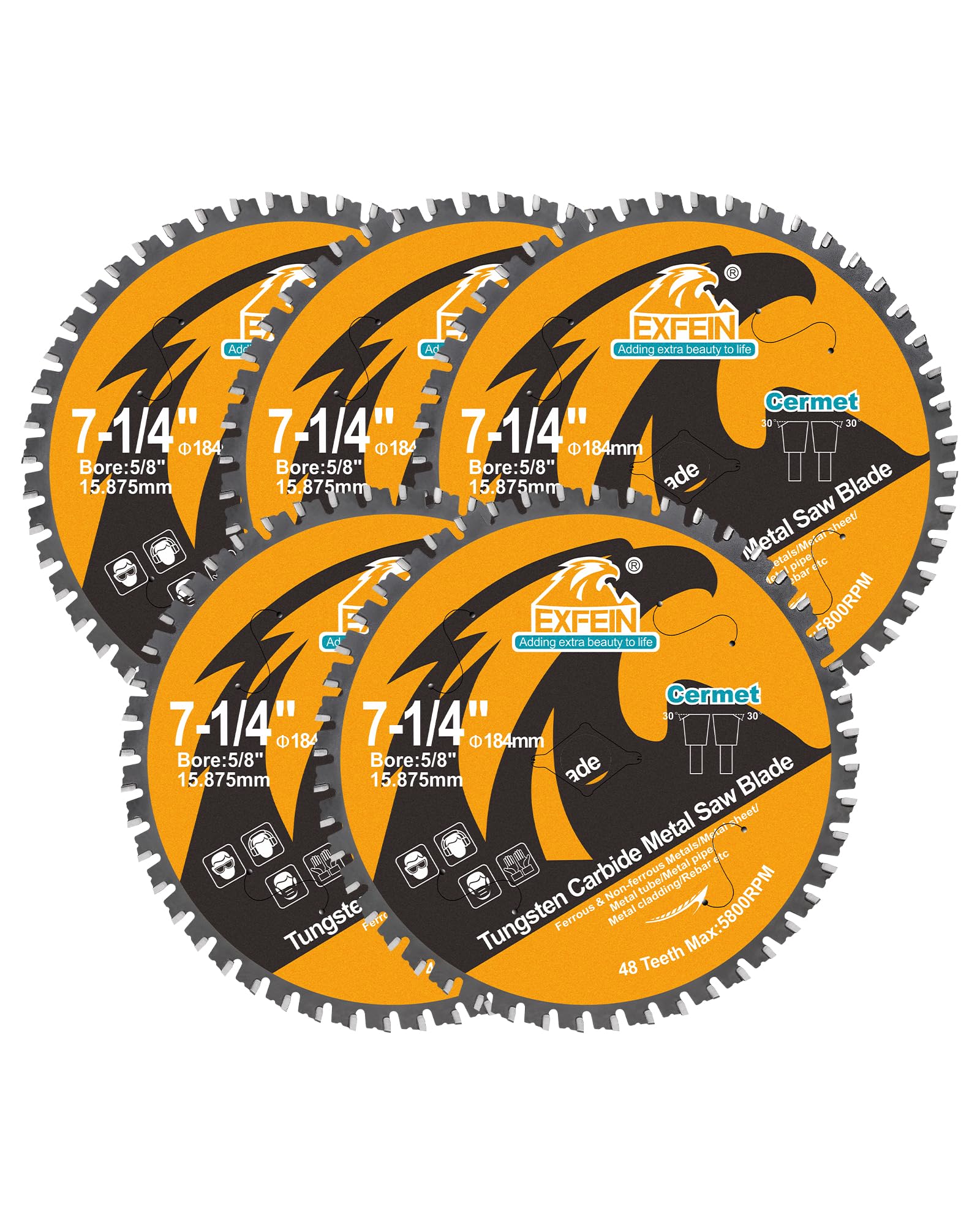 EXFEIN Metal Cutting Blade 184mm 48T for Rebar, Angle Iron, Pipes, Channels, Ceramic Cemented Carbide with 5/8" Arbor, 5-Pack