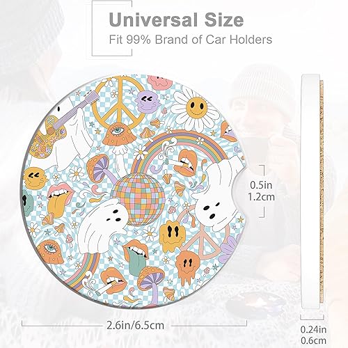 Miniatura 2 de Posavasos de automóvil de los años 70, diseño de hongos Groovy para mujer, paquete de 2, retro, fantasma, arco iris, absorbentes, para portavasos de