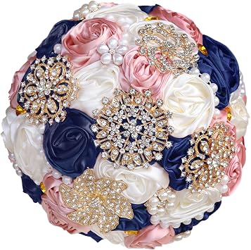Romantic Wedding Bride Holding Bouquet with Silk Roses Satin Ribbon Pearls Bride s Bouque Valentines Day Bouquet Confession 7.87in,Navy Blue + Milk