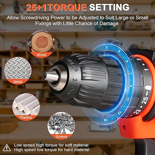 Miniatura 2 de Juego de Taladro Inalámbrico 12V, Kit de Taladro con Batería y Portabrocas sin Llave de 3/8 Pulgadas, 2 Velocidades Variables y 43 Piezas de Brocas