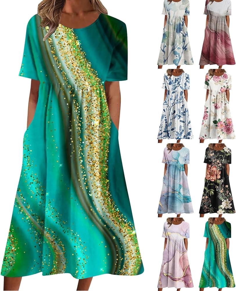 Generic Women's Midi Tie Dyeing Dress Summer Casual Loose Flowy Beach Dress  Round Neck Short Sleeve Fall Dresses with Pockets at Amazon Women's  Clothing store