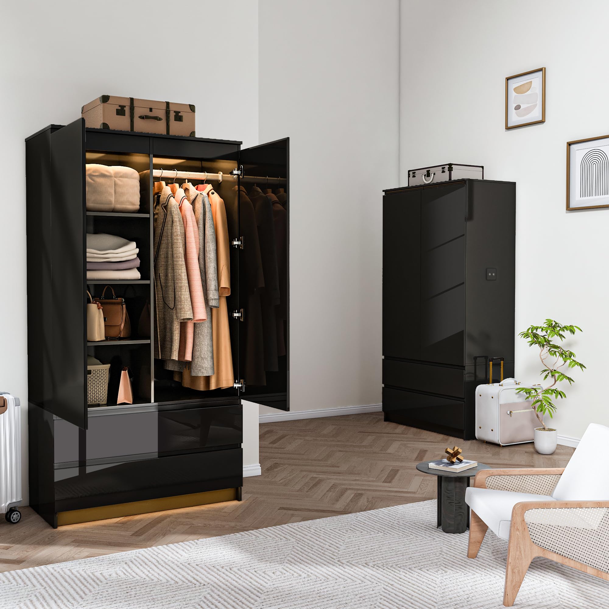 Armario Ropero 2 Puerta, Armario Multiusos Avec luz led con Sensor de Movimiento, Avec 2 Tiroirs, Organizador de Ropa y Almacenaje para el Dormitorio (Negro)