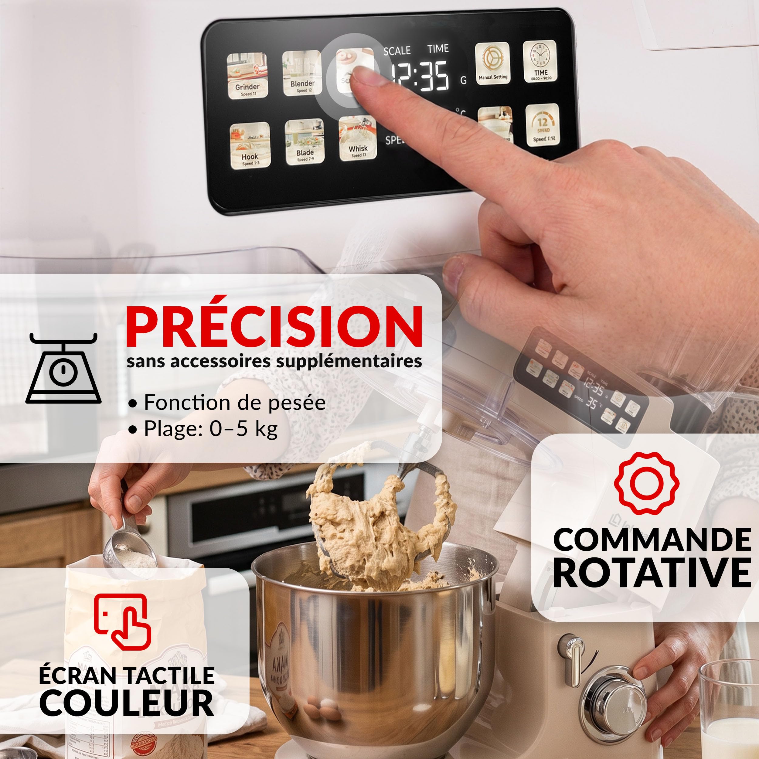 LEHMANN Teyles Robot Pâtissier Professionnel Multifonction 2100W 8L avec Balance Intégrée et Bol Chauffant, Pétrin à Pain et Pizza, Blender Verre 1,5L, Hachoir à Viande, Beige