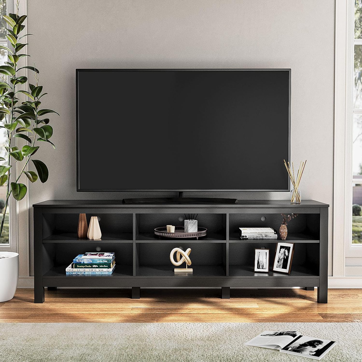 Black TV Stand for TVs up to 70 Inch,Entertainment Center for 65+ inch TV Console Table with 6 Storage Cubby, Classic Television Stands for Living Room Bedroom, 65 Inch - Image 3