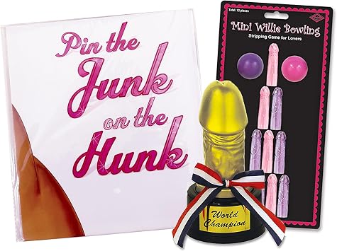 RhinestoneSash Funny Bachelorette Party Games - Pin The Hunk, Mini Bowling Game and Award - Hilarious Girls Night Games for Adults