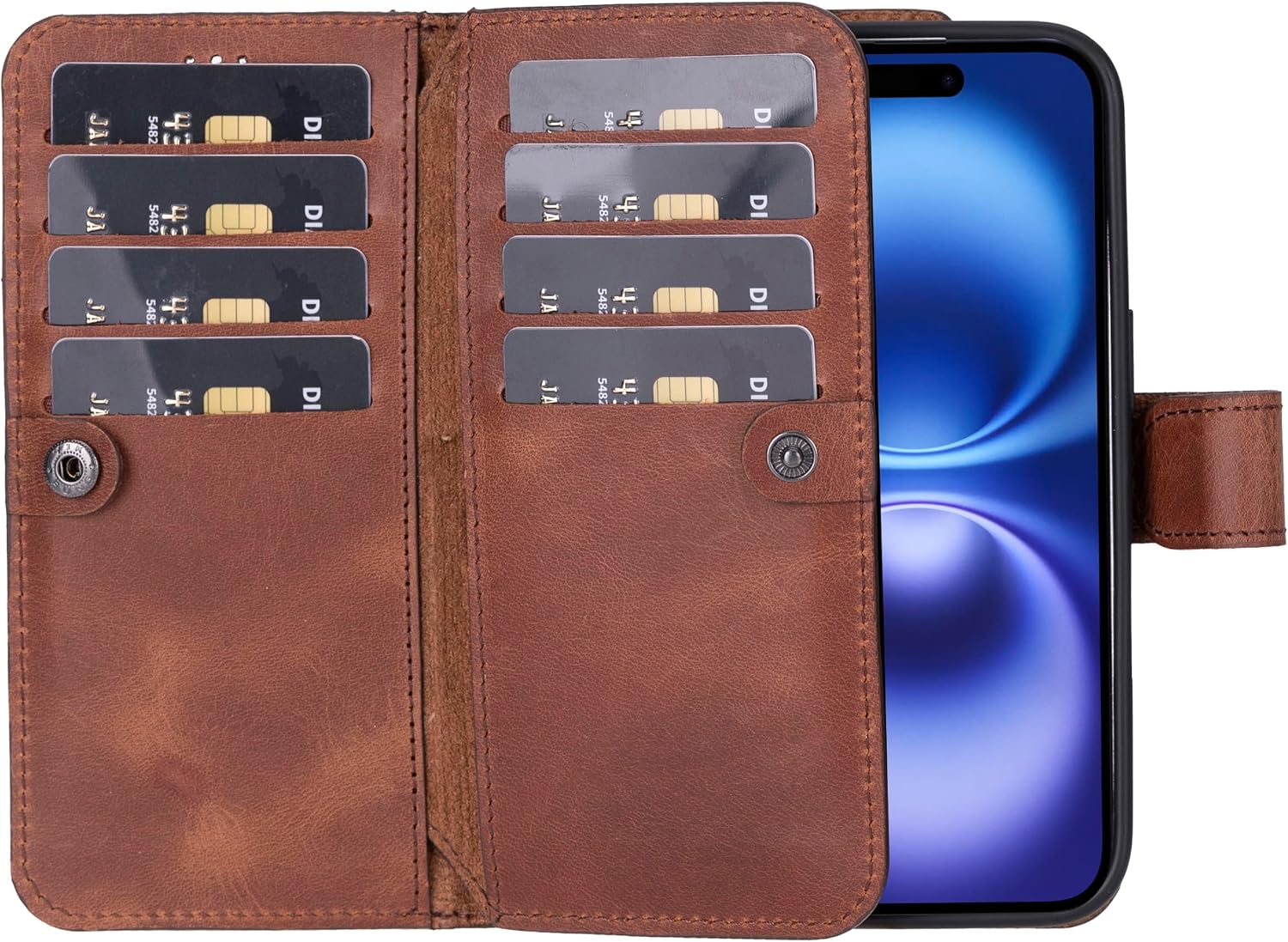 HARDISTON Genuine Leather Handmade Wallet Case Compatible with iPhone 17 - MagSafe Compatible - Double Magnetic Flip Cover with Card Holders - Horizontal Kickstand (Brown)