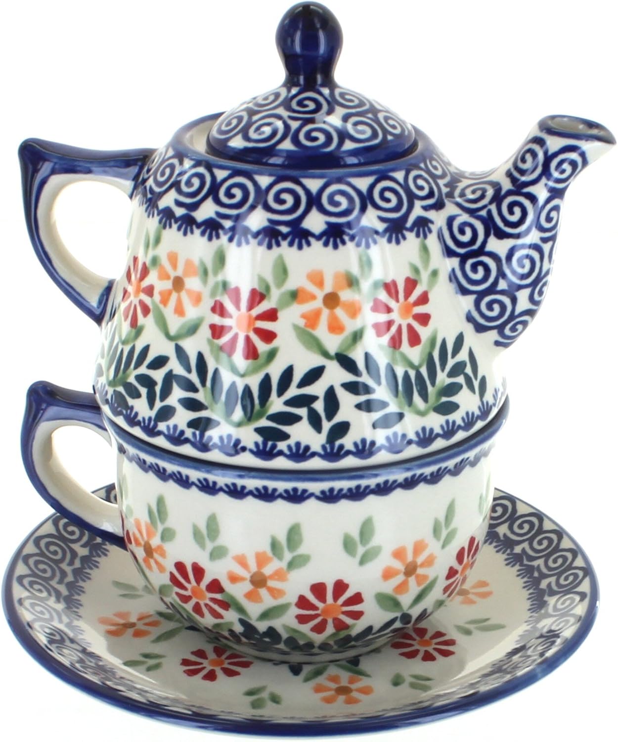 Blue Rose Polish Pottery - Orange Garden Bouquet Tea for One - 8 oz Capacity - Decorative Teapot with Matching Cup, Unique Gift for Tea Lovers and Collectors