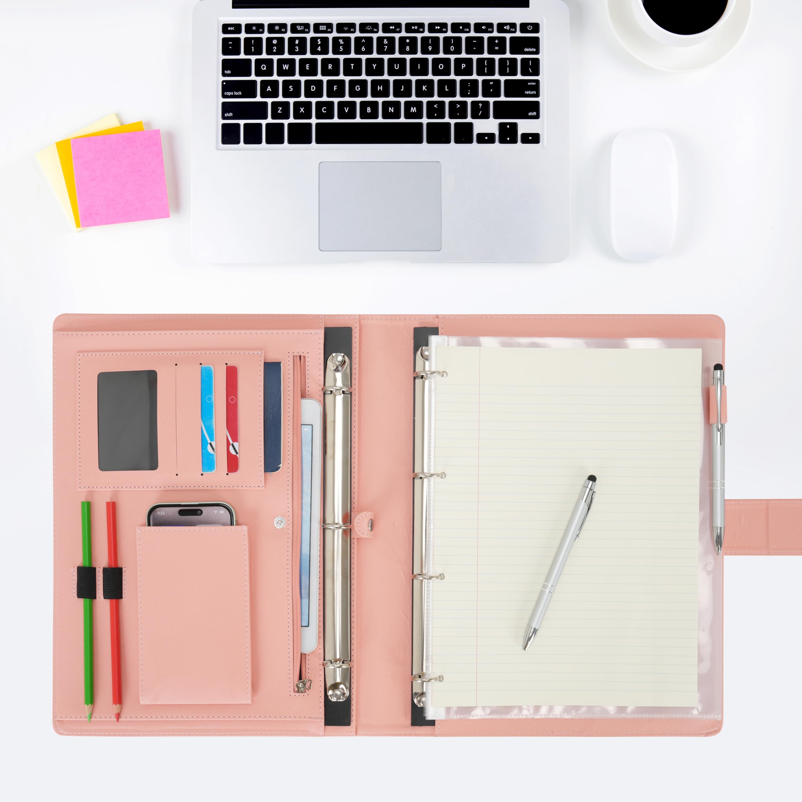 Wonderpool A4 PU Leather 4 Ring Holder Writing Portfolio Multi Document Case with Removable Binder Clipboard and Functional Pocket for Organizer Office Travel School (Pink) - Image 4