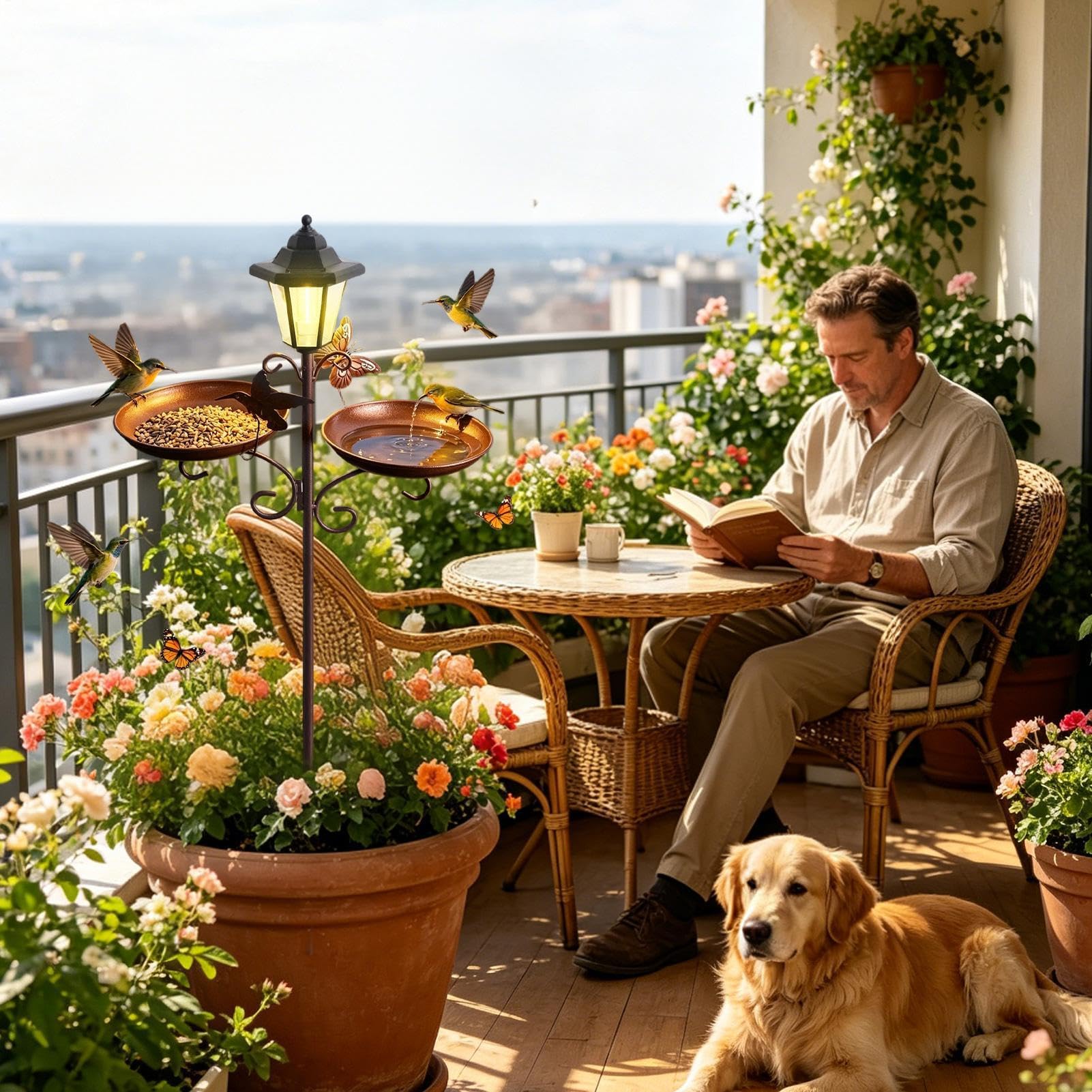 Vasca Da Esterno Per Uccelli Vassoio Mangime e Acqua per Uccelli con Luce | Mangiatoia Da Prato adatto a Giardino Balcone Patio Cortile Esterno Prato Terrazza