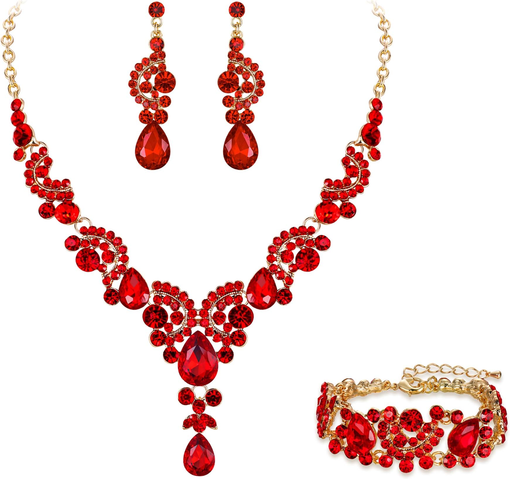 Rhinestone Crystal Bridal Art Deco Floral Wave Teardrop Necklace Earrings Bracelet Jewelry Set
