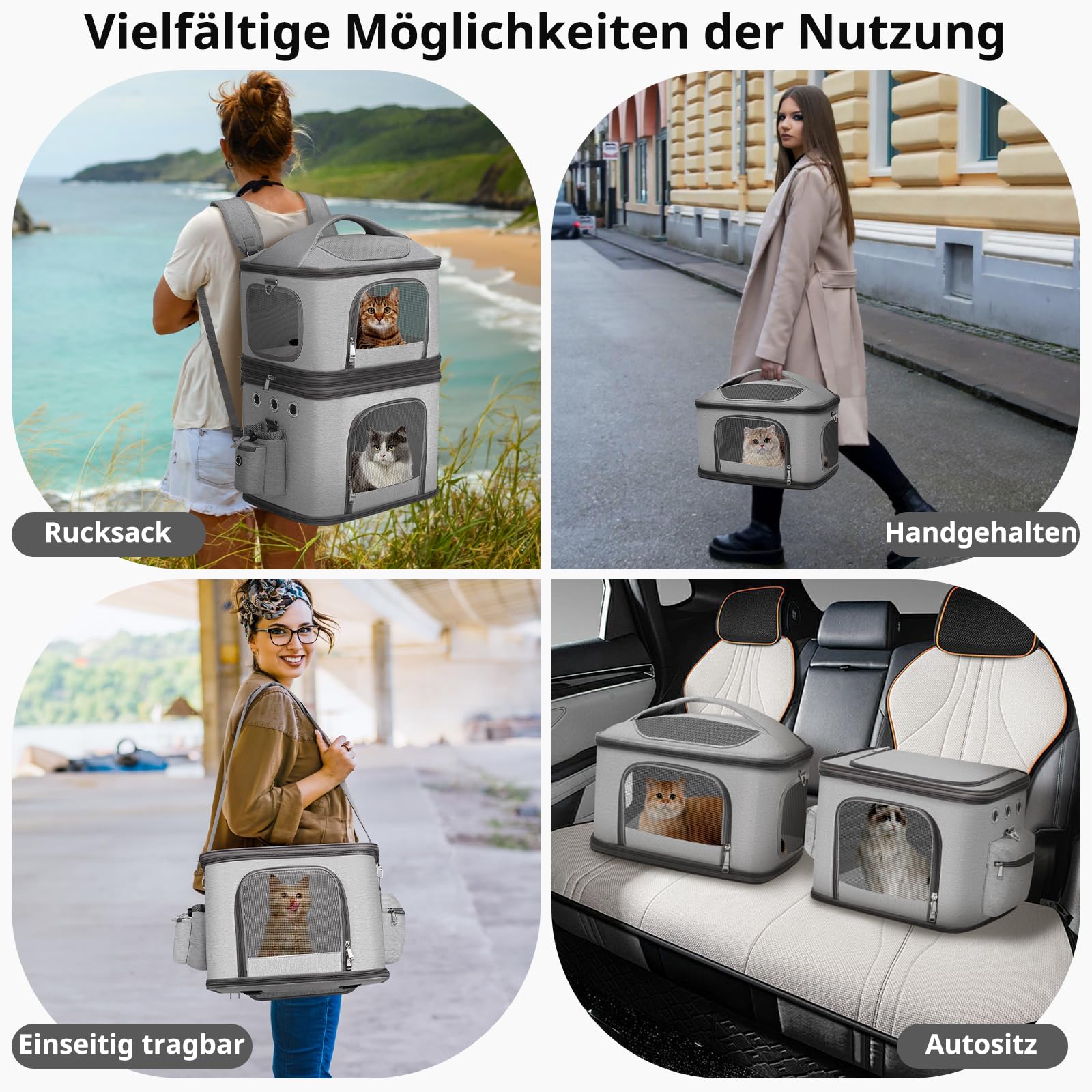 Abnehmbarer Katzenrucksack für 2 Katzen bis 12kg, Faltbar Katzentransportbox, Kucksack Groß für 2 Katzen, Perfekt für Reisen/Wandern/Camping, Grau