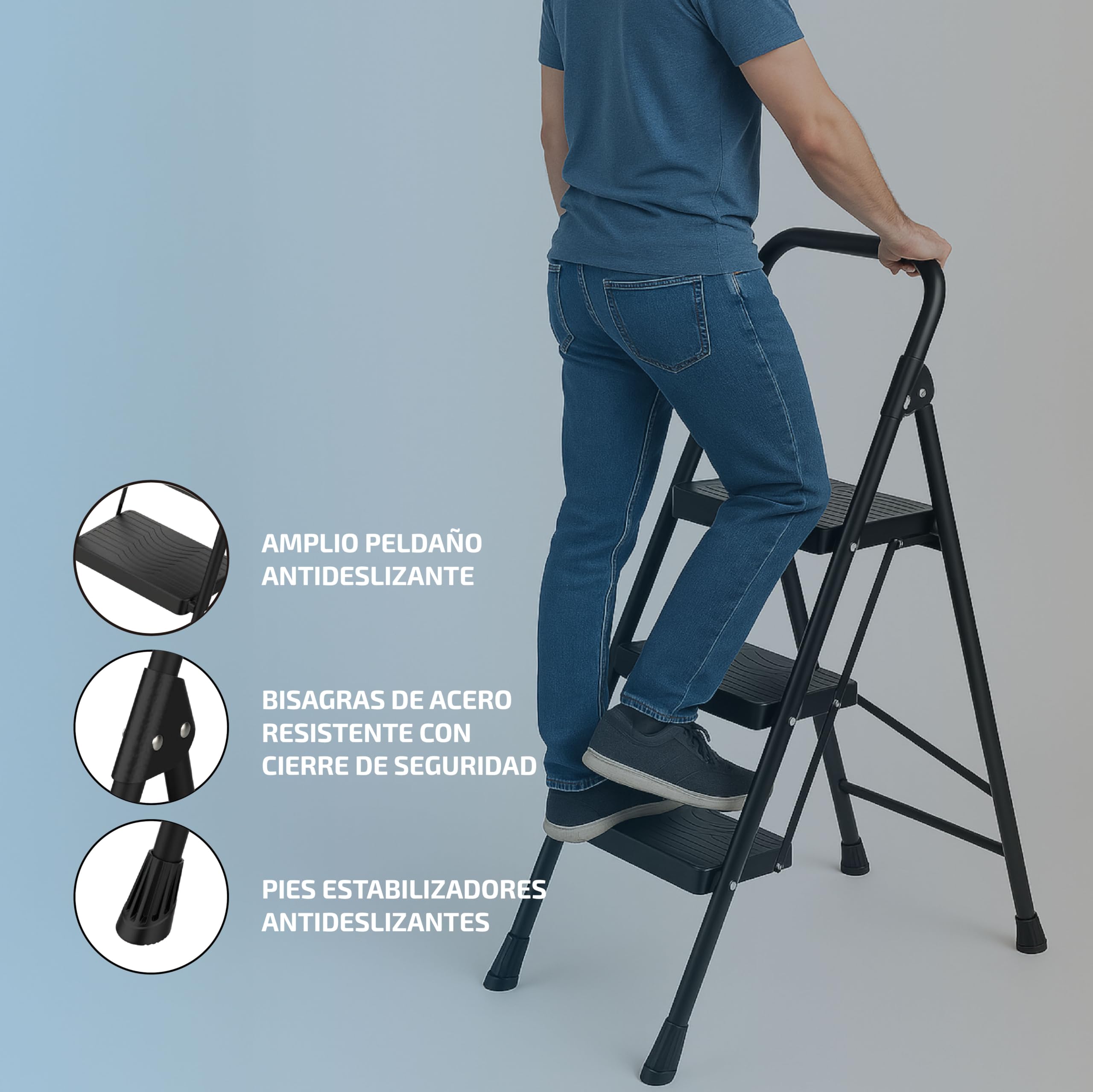 Escalera Plegable 3 peldaños de – Acero Bloqueo Seguridad 150 kg
