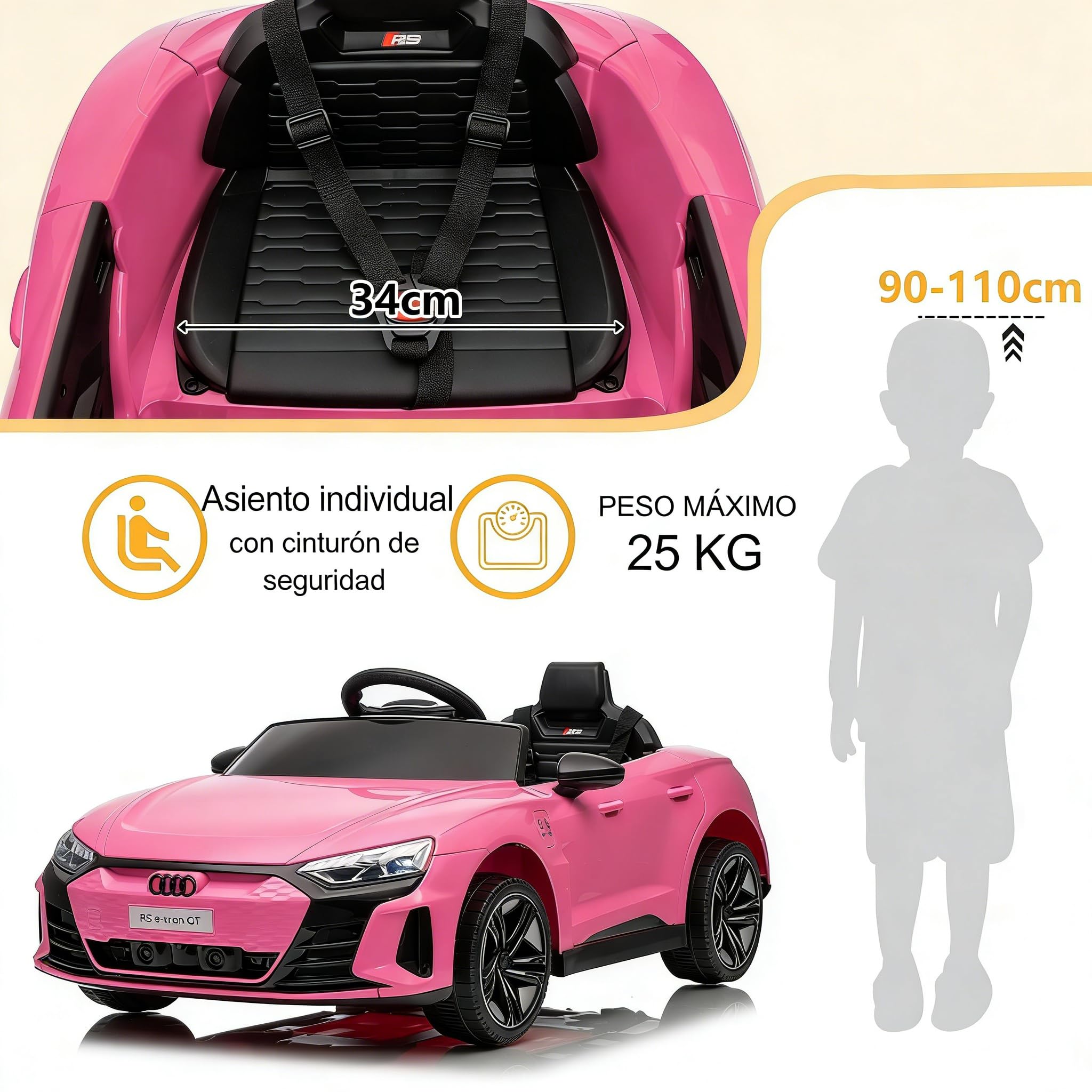 LALAHO Coche Eléctrico para Niños Audi RS E-Tron 12V con Doble Motor, 3-5 km/h Auto Eléctrico para Niños de 3 a 5 Años, MP3, Mando a Distancia (Rosa) — view 7
