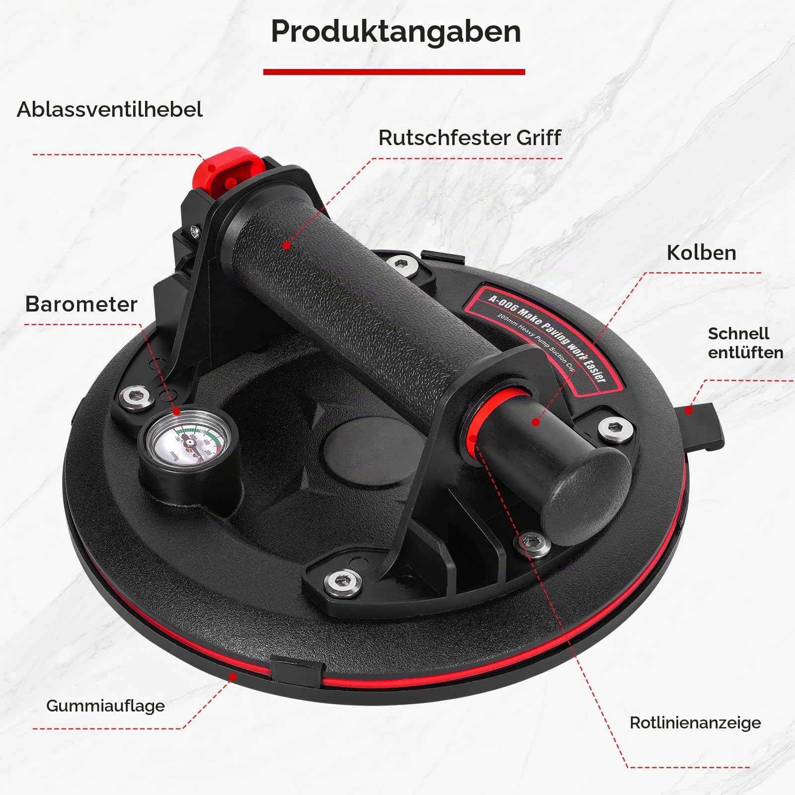 Glassauger 8" Saugheber Vakuum Saugnapf 662 lbs Tragkraft Leistungsstarke Industrielle Saugnapf mit Manometer Zum Anheben Von Großen Glasfliesen, Granit, Inklusive Tragetasche (2 Stück)