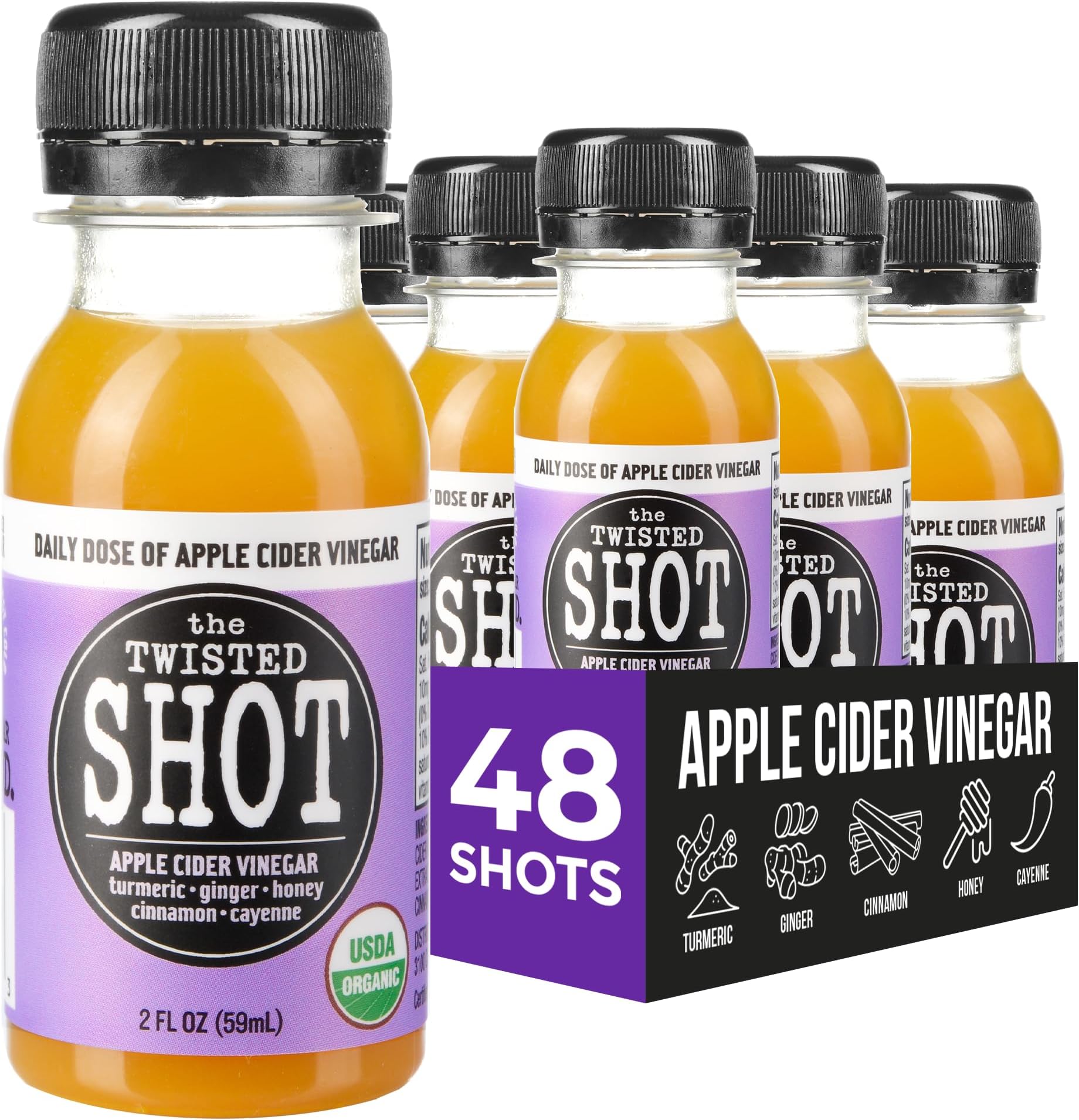 The Twisted Shot – Apple Cider Vinegar Shots with Ginger, Turmeric, Honey, Cinnamon & Cayenne | Drink for Digestion, Immunity & Gut Health | Ready to Drink | 48, 2 oz Bottles