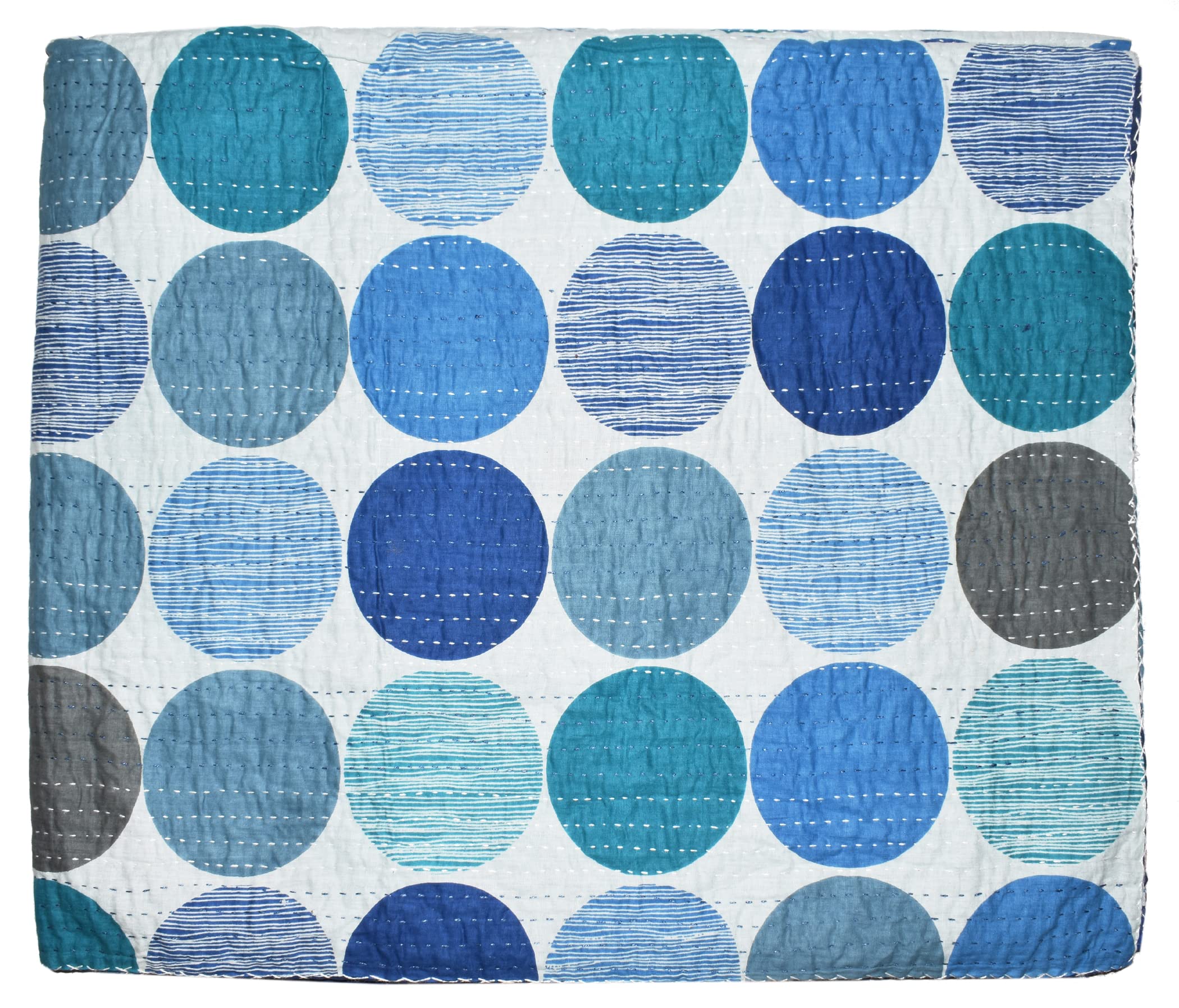 Handicrafts Plus King Size Kantha Quilt New Indian Cotton Gudari Handmade Bedding Bedcover Floral Print Beautiful Bedding Bedcover Beautiful Blue Color Coverlet Handmade Bedspread 90x108''