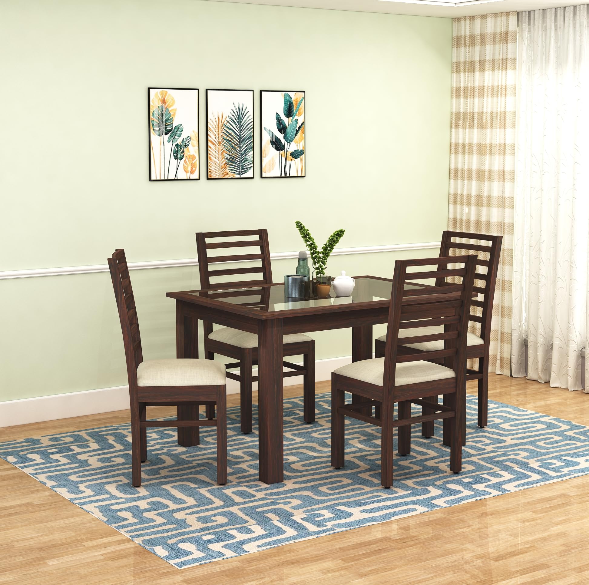 Luxe Solid Sheesham Wood Dining Table Set of 4 Seater Glass Top Dinner Dinning Table with 4 Chair Dining Furniture for Living Room Hotel Office Self Assembly (Dark Walnut Finish)-image-17