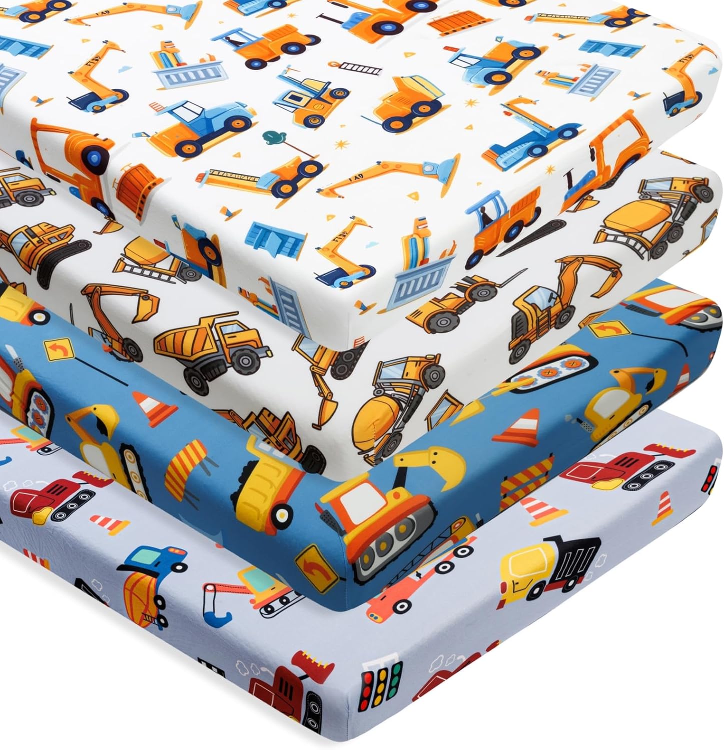 4 Pack Baby Boy Pack N Play Mini Crib Sheets Soft Fitted Baby Boy Mattress Covers Construction Truck Theme Breathable Toddler Sheets for Infant (Construction Truck, Pack N Play Mini Crib Sheets)