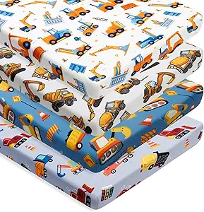 4 Pack Baby Boy Pack N Play Mini Crib Sheets Soft Fitted Baby Boy Mattress Covers Construction Truck Theme Breathable Toddler Sheets for Infant (Construction Truck, Pack N Play Mini Crib Sheets)