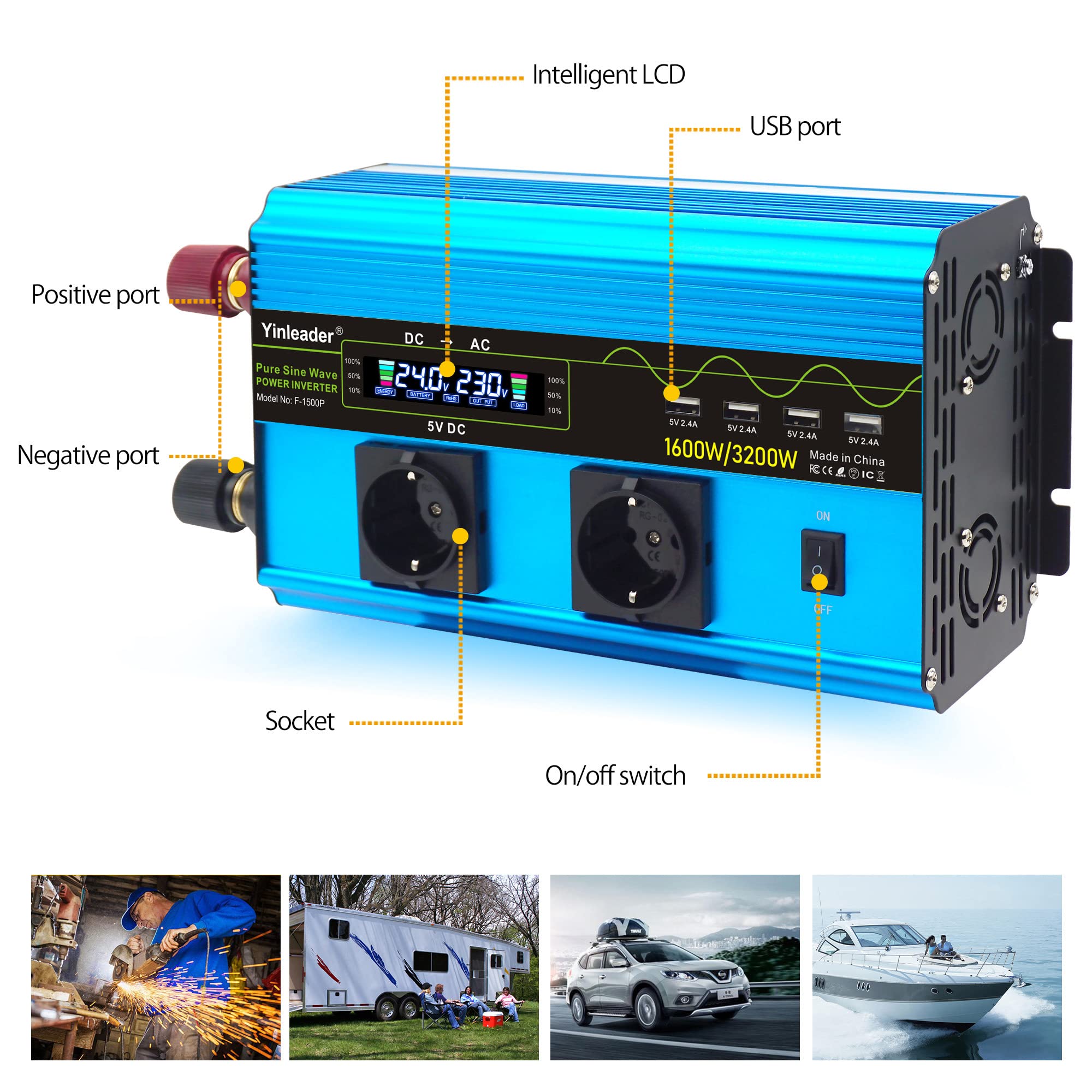 Yinleader 24V 230V 1600W Convertisseur de Tension sinusoïdale Pur 2 x EU Prises de Courant et 4 Ports USB