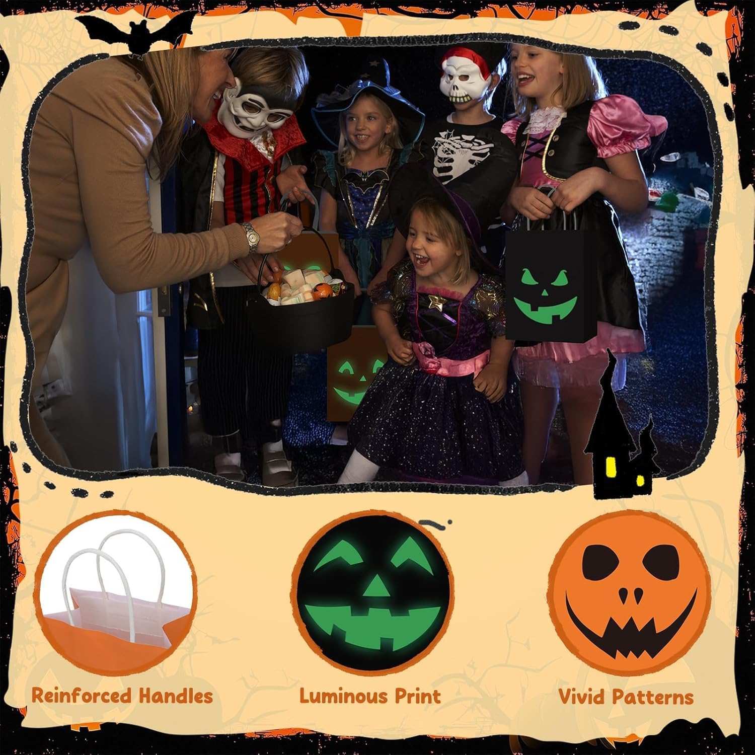 SAYAYA 36 Pcs Halloween Kraft Paper Treat Bags Glow in The Dark Pumpkin Paper Gift Bags with Handles for Trick or Treat Goody Gift Halloween Party Favors Supplies
