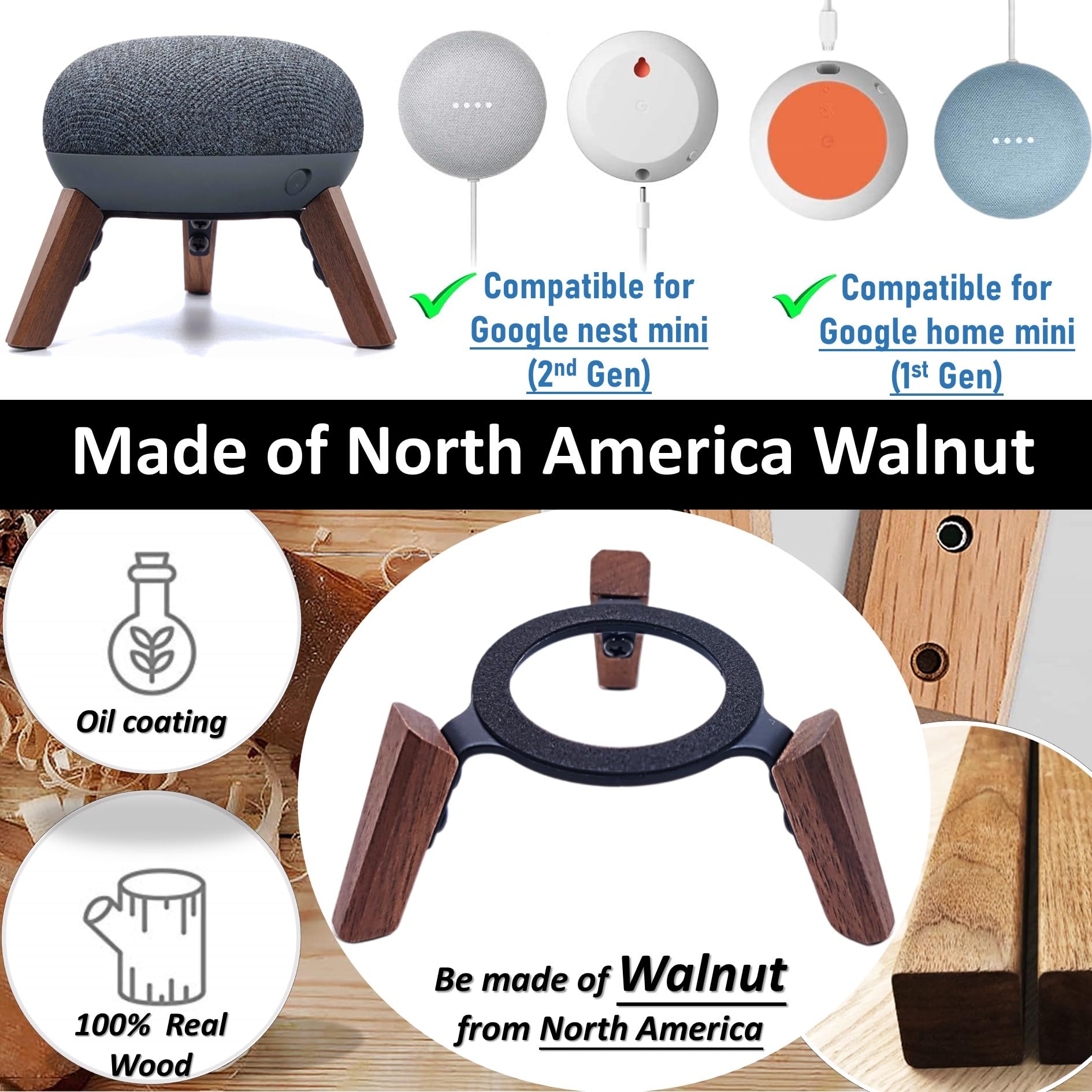 Supporto In Vero Legno Di Noce Per Google Home Mini E Nest Mini (2a Gen), Treppiede Con Struttura In Metallo E Base Antiscivolo