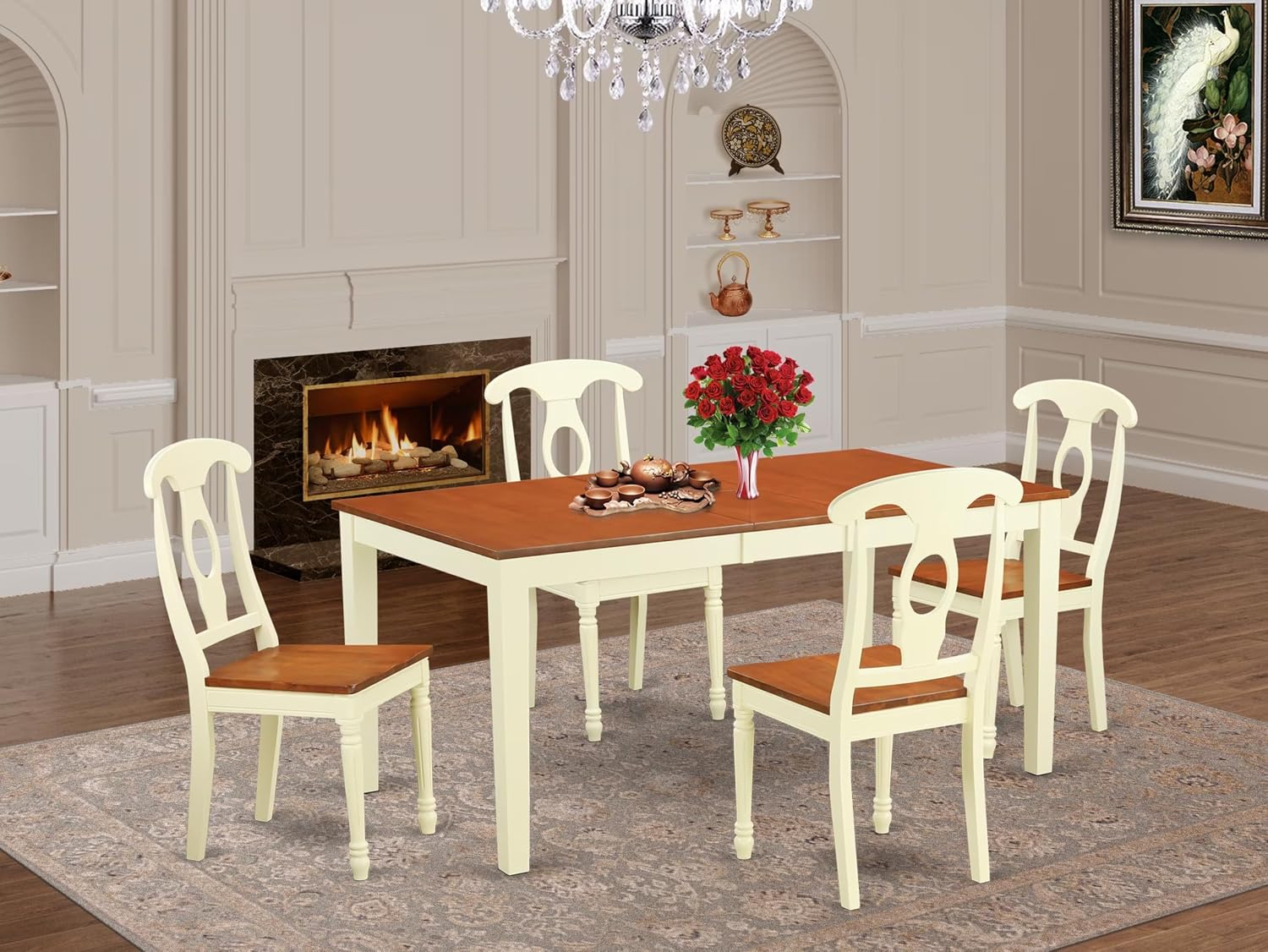 East West Furniture NIKE5-WHI-W 5 Piece Dinette Set for 4 Includes a Rectangle Dining Room Table with Butterfly Leaf and 4 Dining Chairs, 36x66 Inch, Buttermilk & Cherry