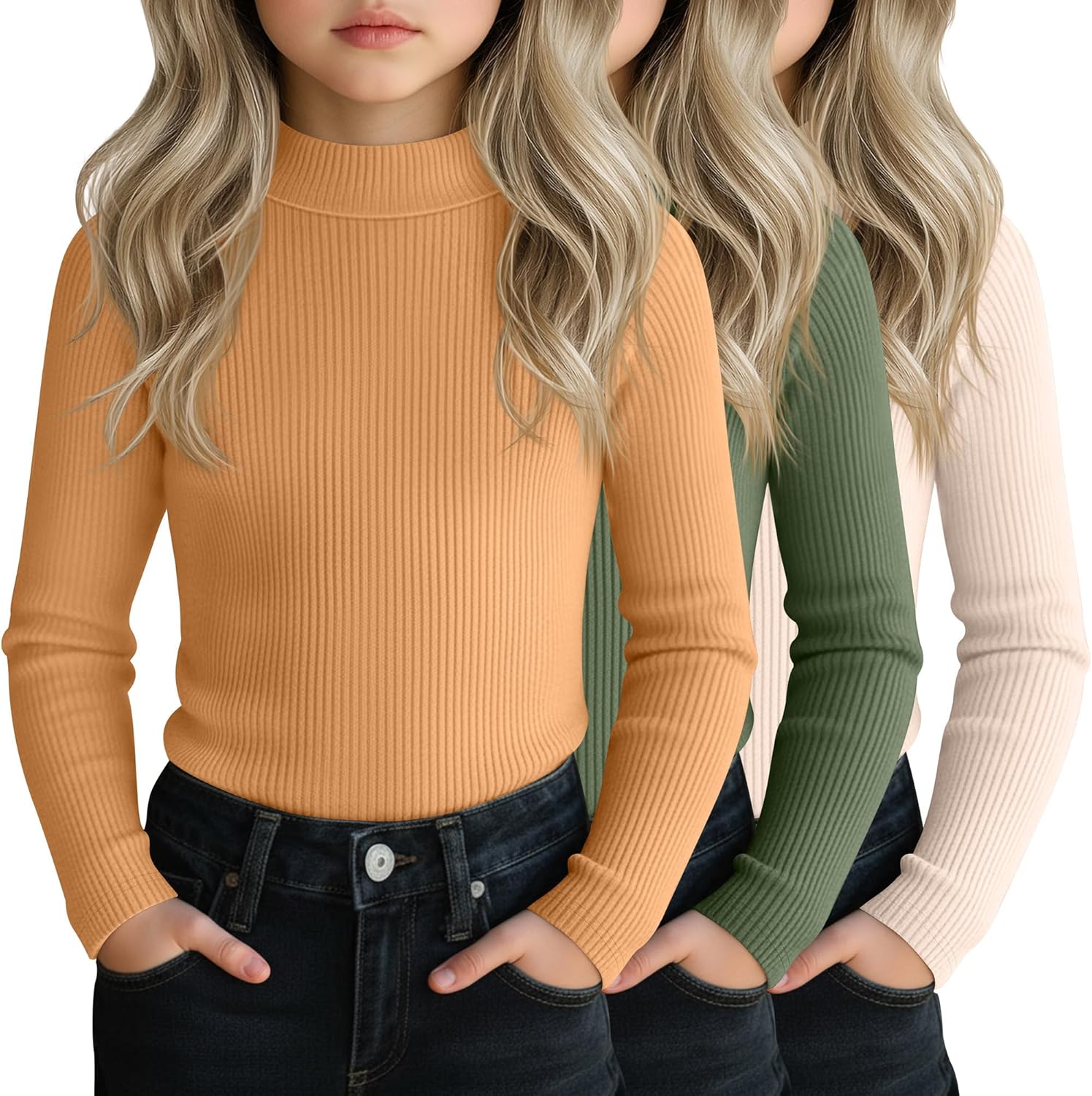 3 Pack Girls' Mock Turtleneck Shirts Cotton Long Sleeve Ribbed Tops Slim Fit Casual...