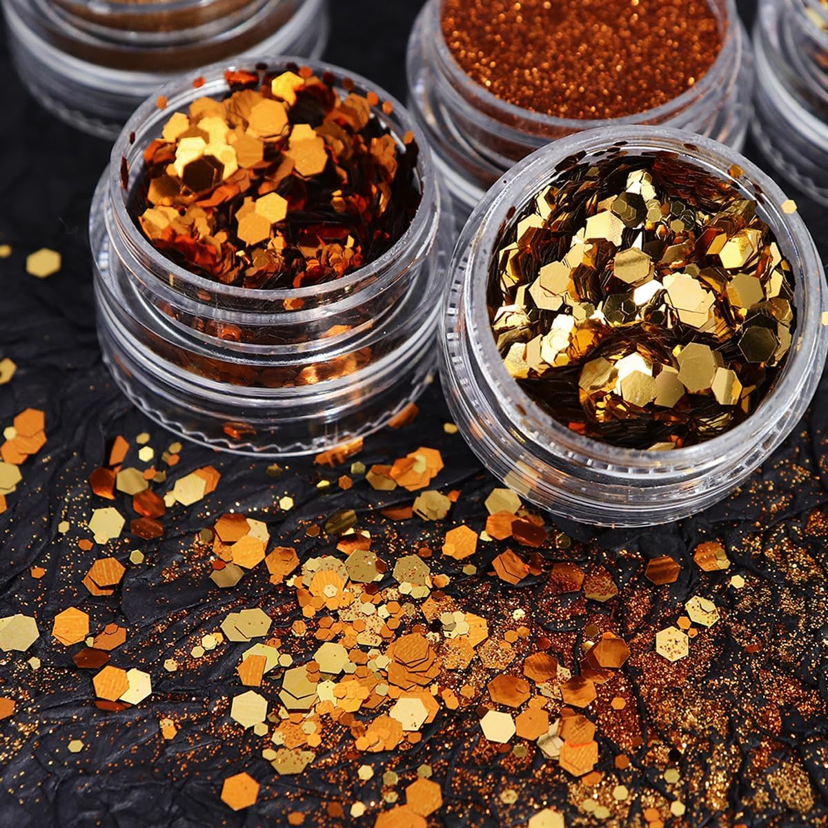 6 Grids Gold Fall Nail Art Glitters Maple Leaf Nail Sequins with Glitter Powder Gold Orange Nail Decoration 3D Holographic Autumn Leaves Thanksgiving Supplies for Acrylic Nails Autumn DIY Decorations