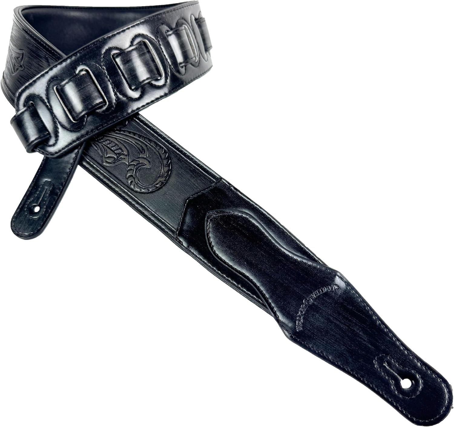 Walker & Williams LIC-12 Black Padded Guitar Strap with Christian Tooling And Cross