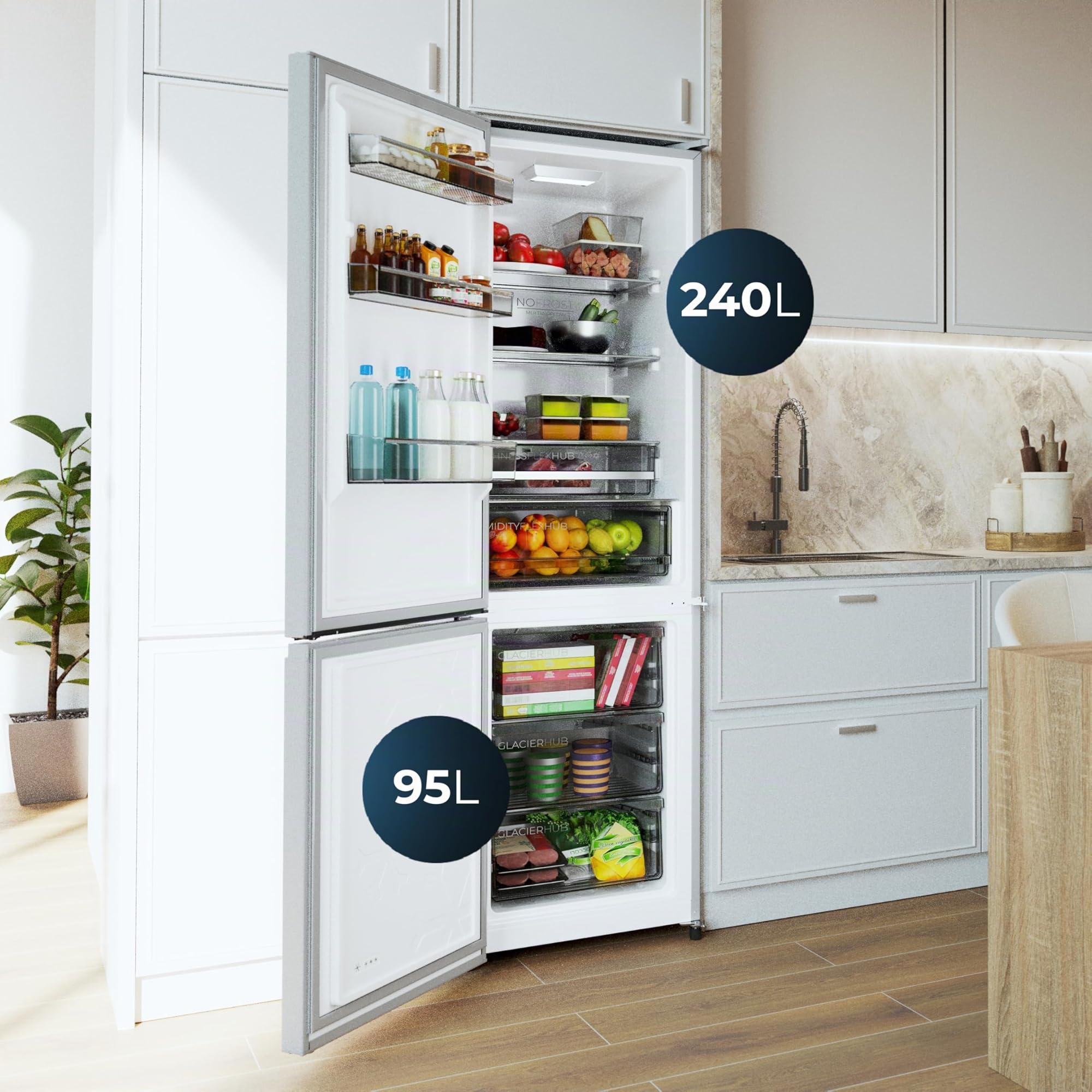 Cecotec Frigorifero Combinato 335L No Frost Bolero CoolMarket Combi 335 Grey E. Altezza 195,3cmx59,5cm Larghezza, Compressore Inverter Plus, Basso Consumo, Ripiani Vetro, Controllo Umidità, Grigio