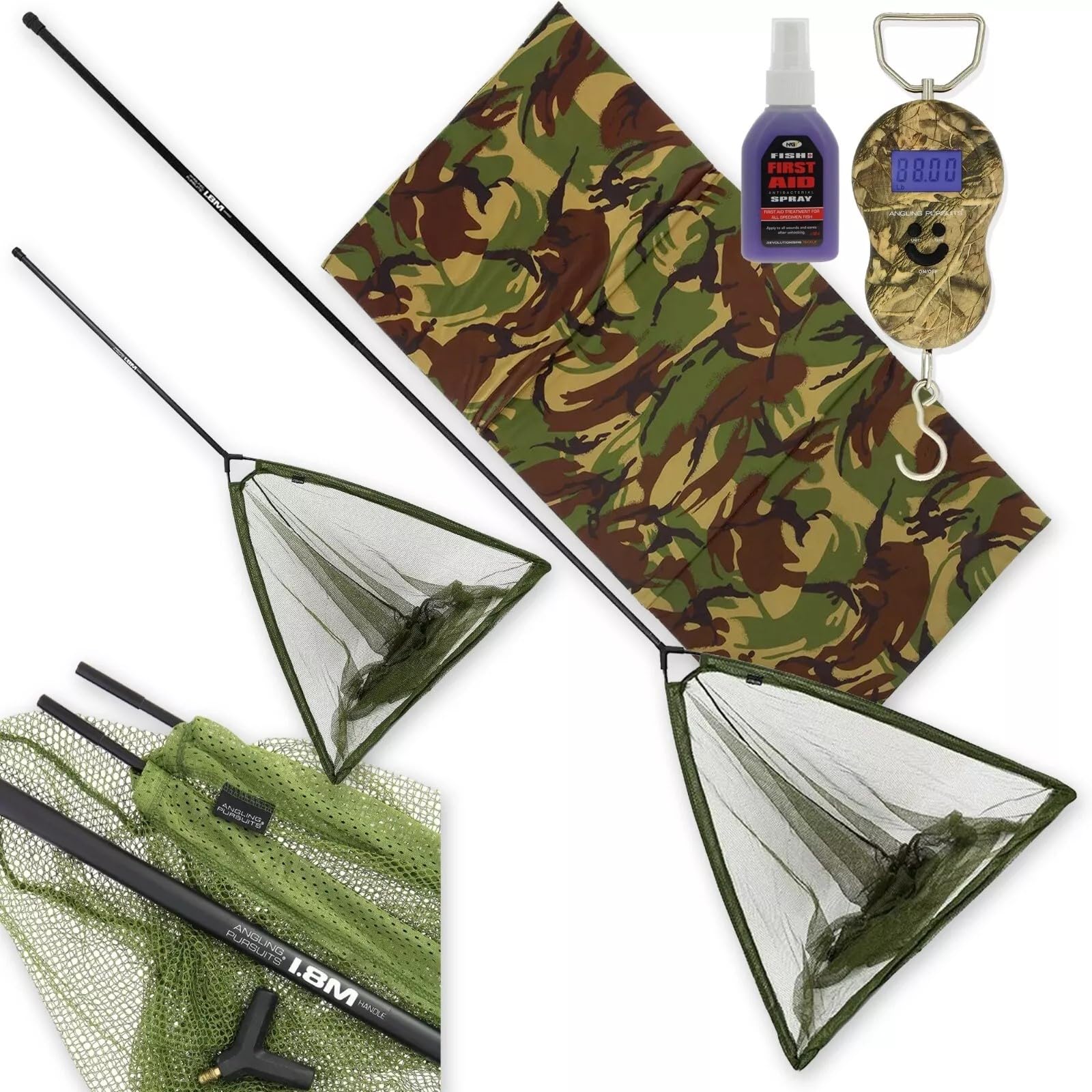 Carp Fishing Landing Net & Handle Combo Telescopic, Digital Camo Scale 40kg, DPM Unhooking Mat and Fish Care Aid Spray Tackle