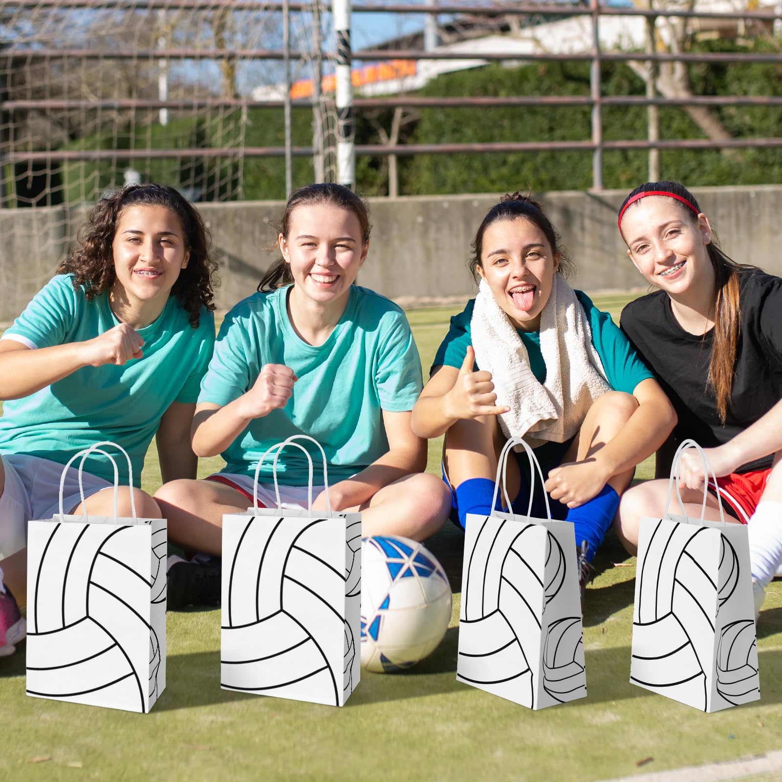 Lemicin 12 Pack Volleyball Goodie Bags Volleyball Gift Favors Paper Bags with Handle Treat Party Favors Bag Snack Candy Treat Holders Kraft Paper Bag for Birthday Party Supplies Decorations
