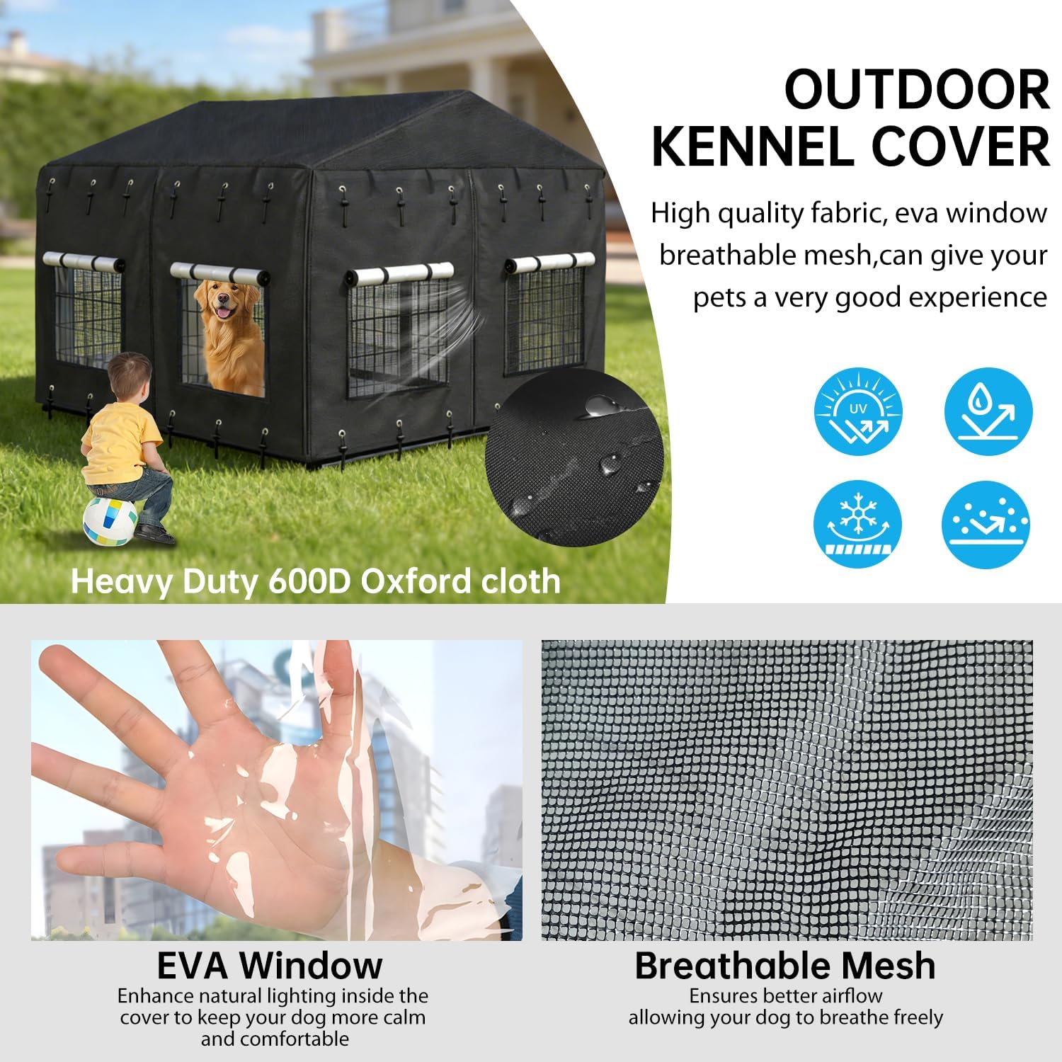 Outdoor Dog Kennel Cover for 10'Dx10'Wx7'H with Grids and Transparent Window, 600D Full Coverage & Silver-Coated Interior Waterproof Dog Crate Cover for Large Dog Cage Outdoor (Cover Only)