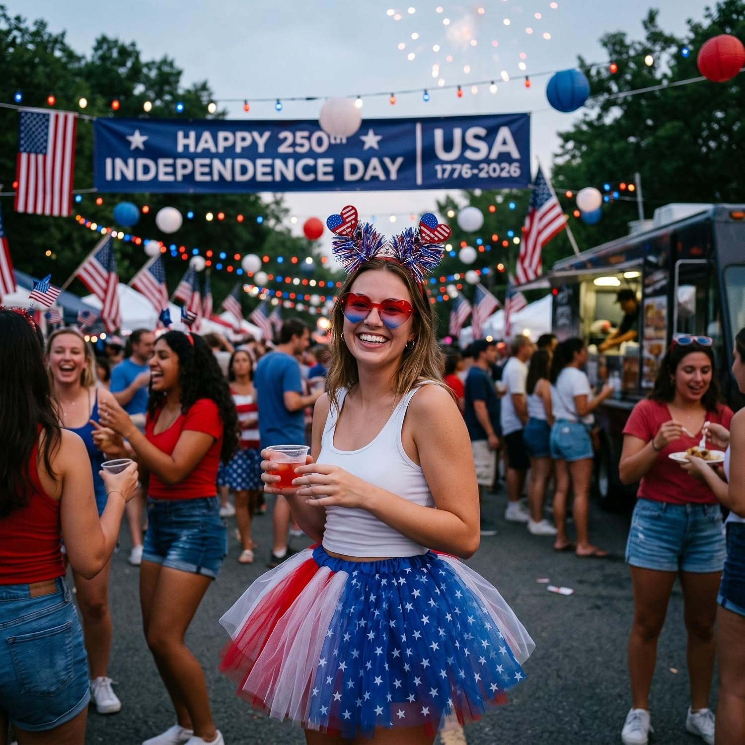 6 Set 4th of July Costume for Women Red White and Blue Tutu Skirt Glasses and Headband USA Flag Patriotic Outfit