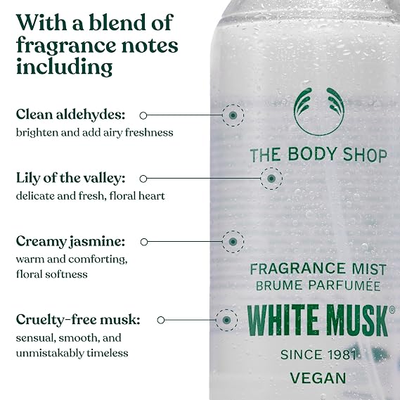 The Body Shop Musk Body Mist | Refreshing Body Spray, Lightweight, For All Skin Types | Vegan, 100 ml / 3.3 oz (White Musk)