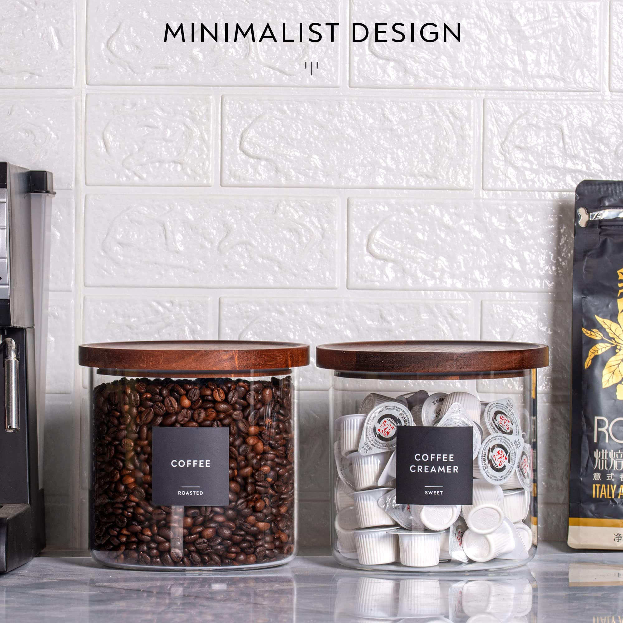 Laramaid 73oz 2Pack Glass Jar Canisters with Minimalist Labels, Round Pantry Jars with Brown Acacia Lids, Vinyl Customized Labels and White Pen, Food Storage Containers for Home, Kitchen and Pantry