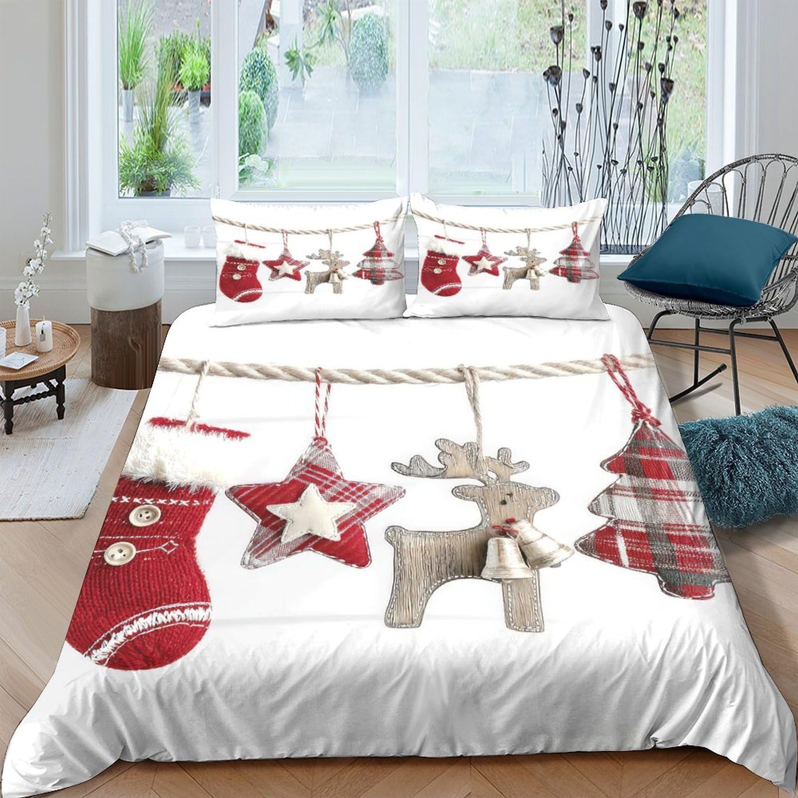Ctjqhvkz Style-8 3D Printed Christmas Red Stocking Fitted Sheet Microfiber Soft Festive Reindeer Star Bed Cover For Bedroom Guest Room Decor Single（135X200cm）