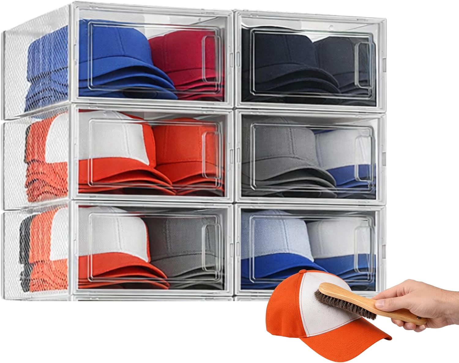6 Pack Stackable Hat Organizer with Felt Hat Cleaning Brush | Clear Plastic Cap Storage Boxes 13.1x9.1x5.6 in + Horsehair Brush for Baseball & Cowboy Hat Dust Removal