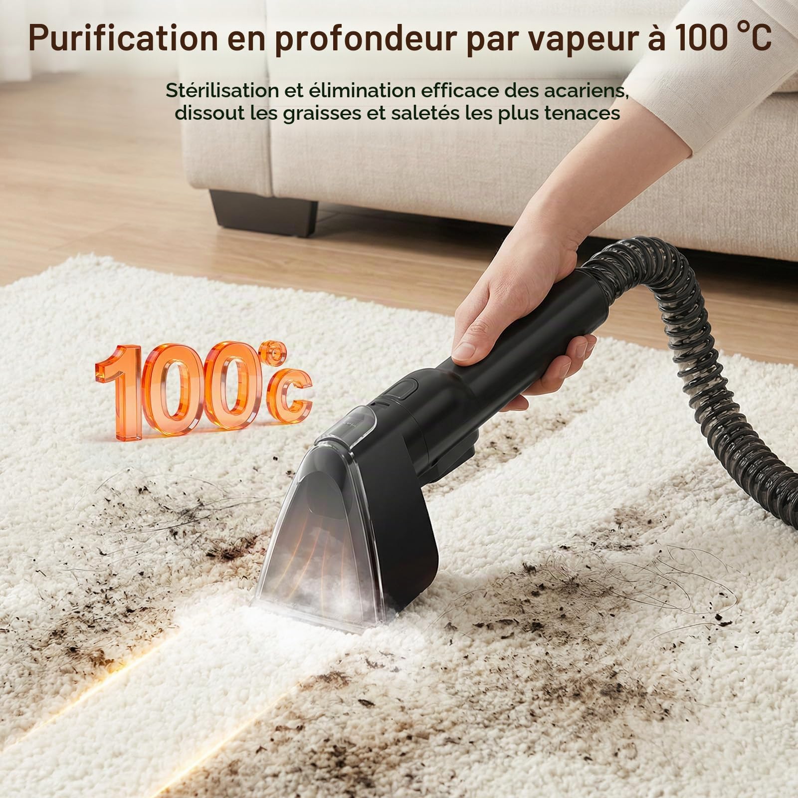 WOOX Shampouineuse Nettoyeur Canapé Tissu, 1700W Nettoyeur Vapeur à l’Eau Chaude, Aspiration 15Kpa Injecteur Extracteur Portable pour Tapis, Matelas, Voiture, Rideaux, Réservoir Double
