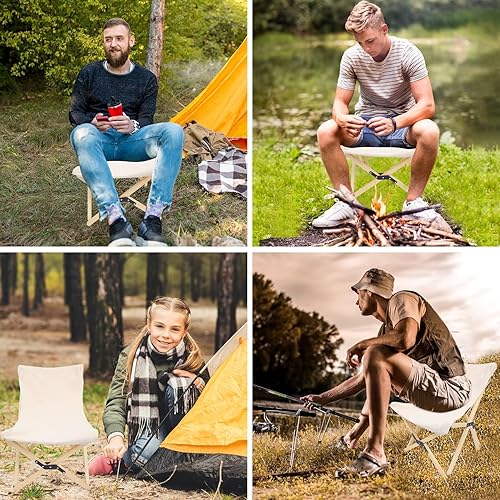 Miniatura 9 de Zerodeko Portable Folding Camping Chair with Sturdy Pine Wood Frame and White Canvas Lightweight Outdoor Stool for Fishing Hiking Sketching Picnic