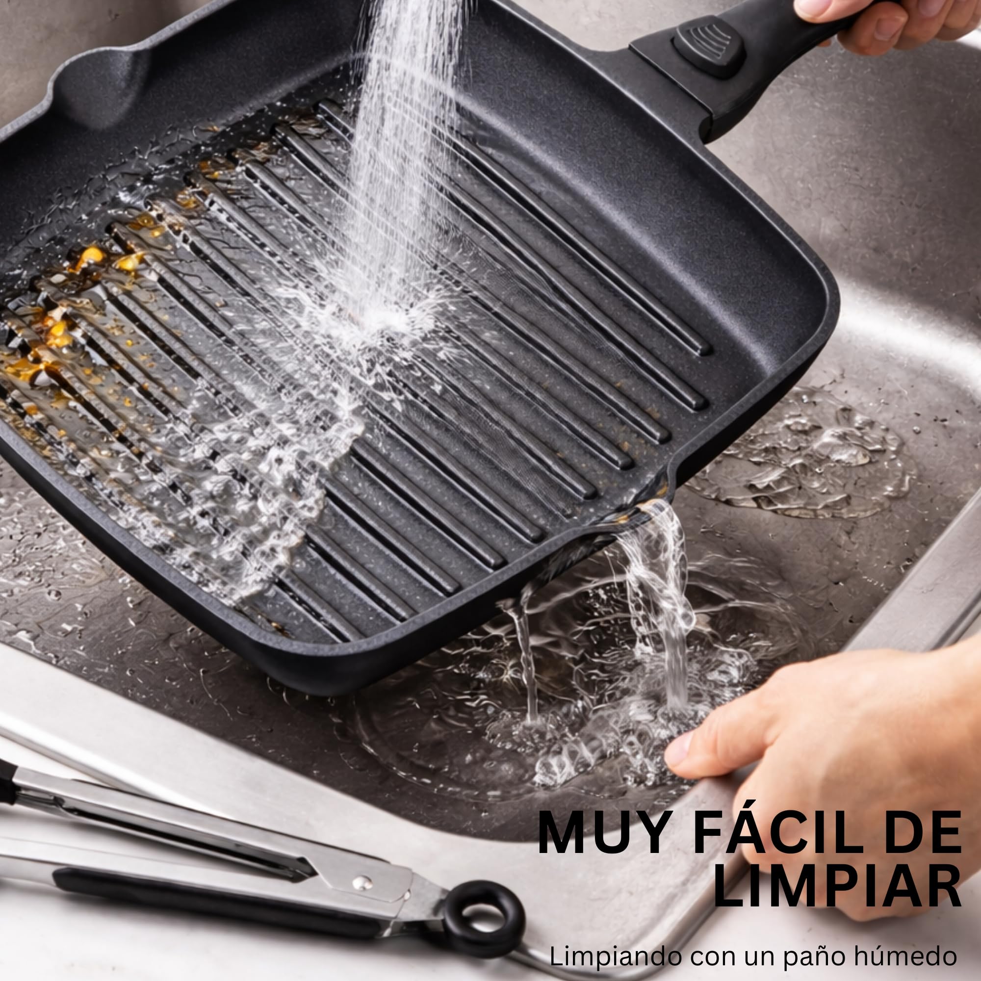 Stone&Stone Sartén Grill 28 cm Cuadrada Inducción Antiadherente con Mango Extraíble, Revestimiento Cerámico Alemán, Base de Acero Completo, Apta para Inducción, Gas y Horno, Sin PFAS, PFOA ni PTFE