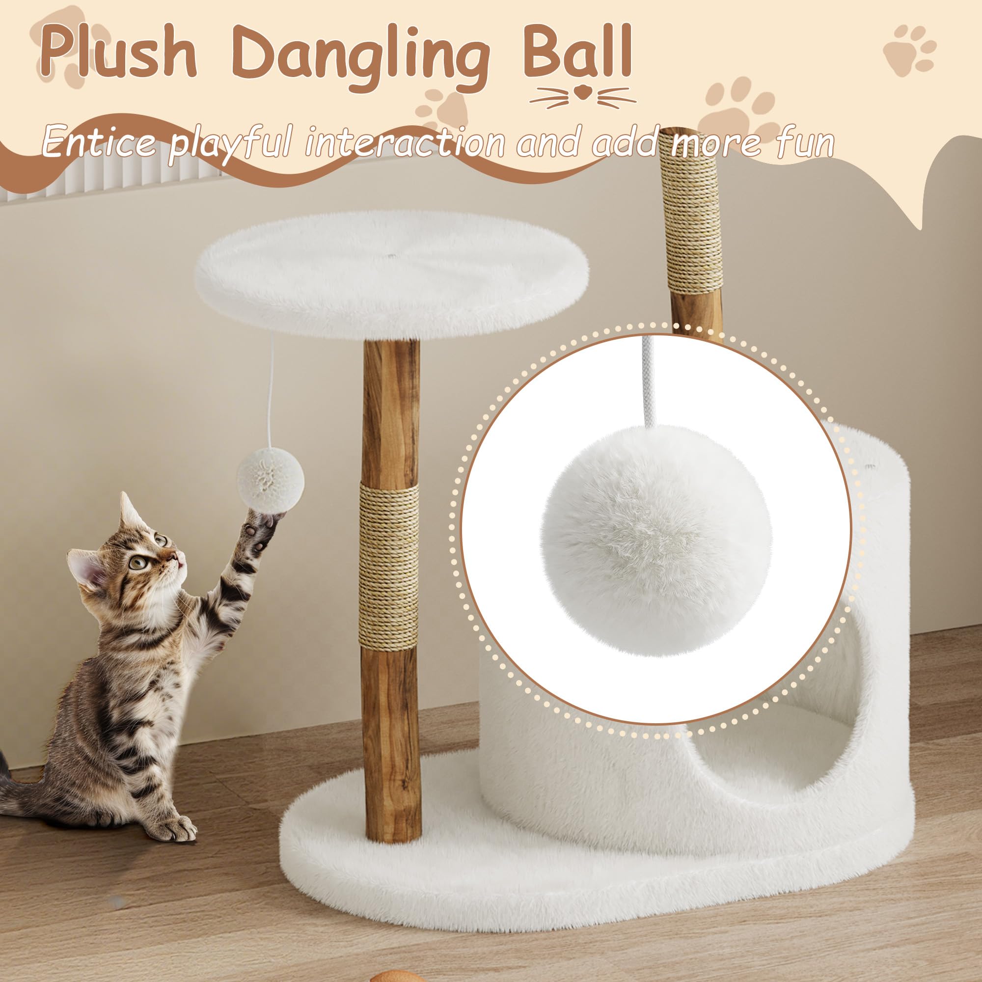 Arbre à Chat en Bois Massif 117cm avec Paniers en Osier Spacieux, Griffoir Poteau Sisal Plateformes de Saut et Boule Pompon pour Plusieurs Chats Intérieur Salon Appartement