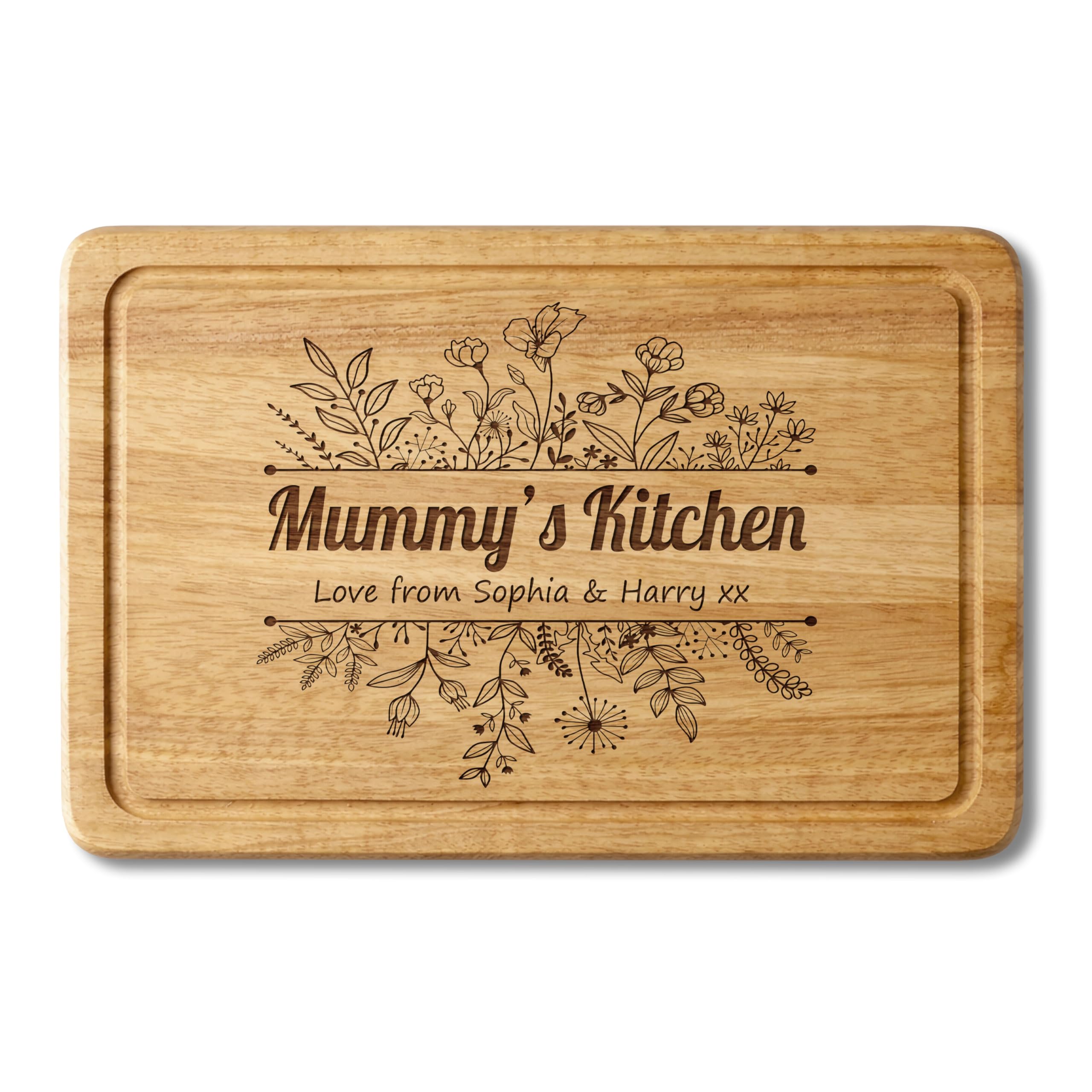 Personalised Solid Wood Chopping Board 30 x 20 cm – Custom Laser Engraved Kitchen Gift - Botanical Wildflower Design