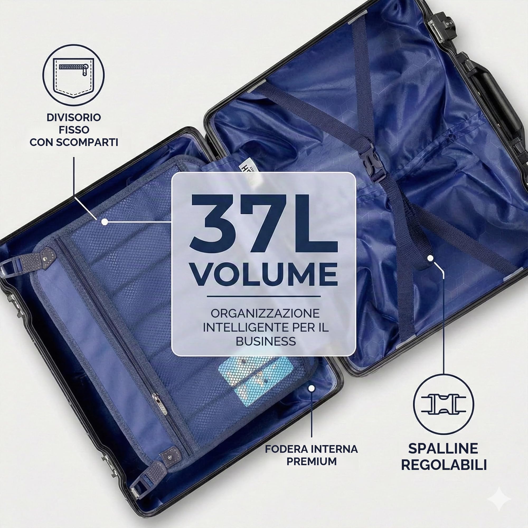 po POSH Valigia pilota - Trolley business 37L 45x43x25 cm policarbonato- Bagaglio a mano telaio in alluminio e chiusura a scatto - Lucchetto TSA, con 4 ruote