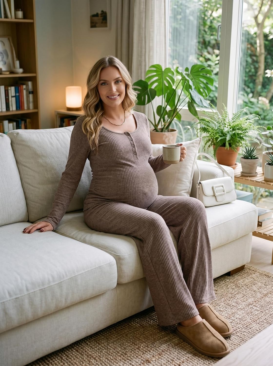 BLENCOT Maternity Clothes Ribbed Knit Long Sleeve Sets Casual 2 Piece Button Down Nursing Matching Outfits Set