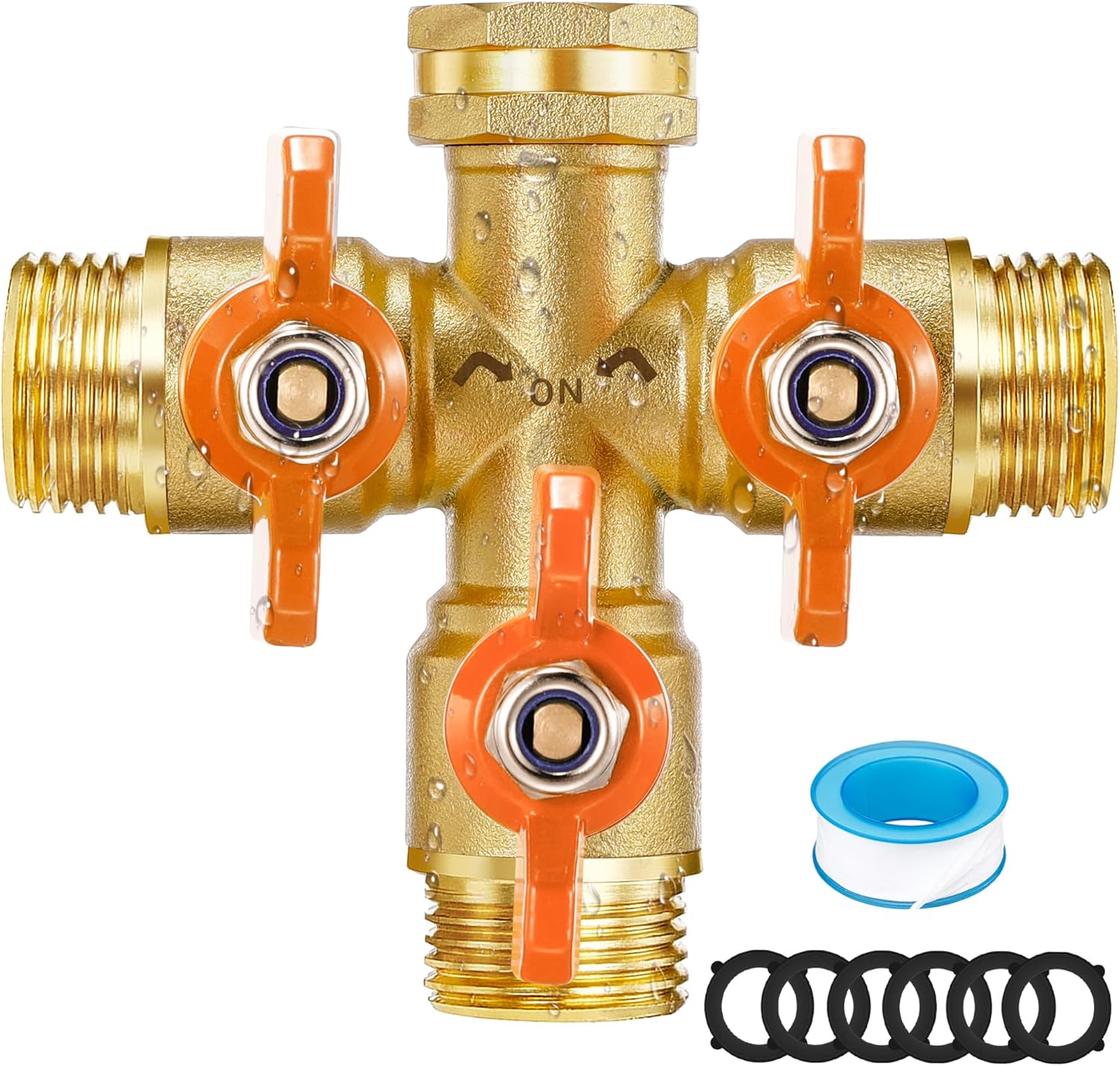 IPOW High Flow 3 Way Hose Splitter Valve with Long Handle Heavy Duty With Stainless Steel Handle,with Shut off Valve, 3/4 Inch Garden Tap Splitter,6 Extra Rubber Hose Washers Included
