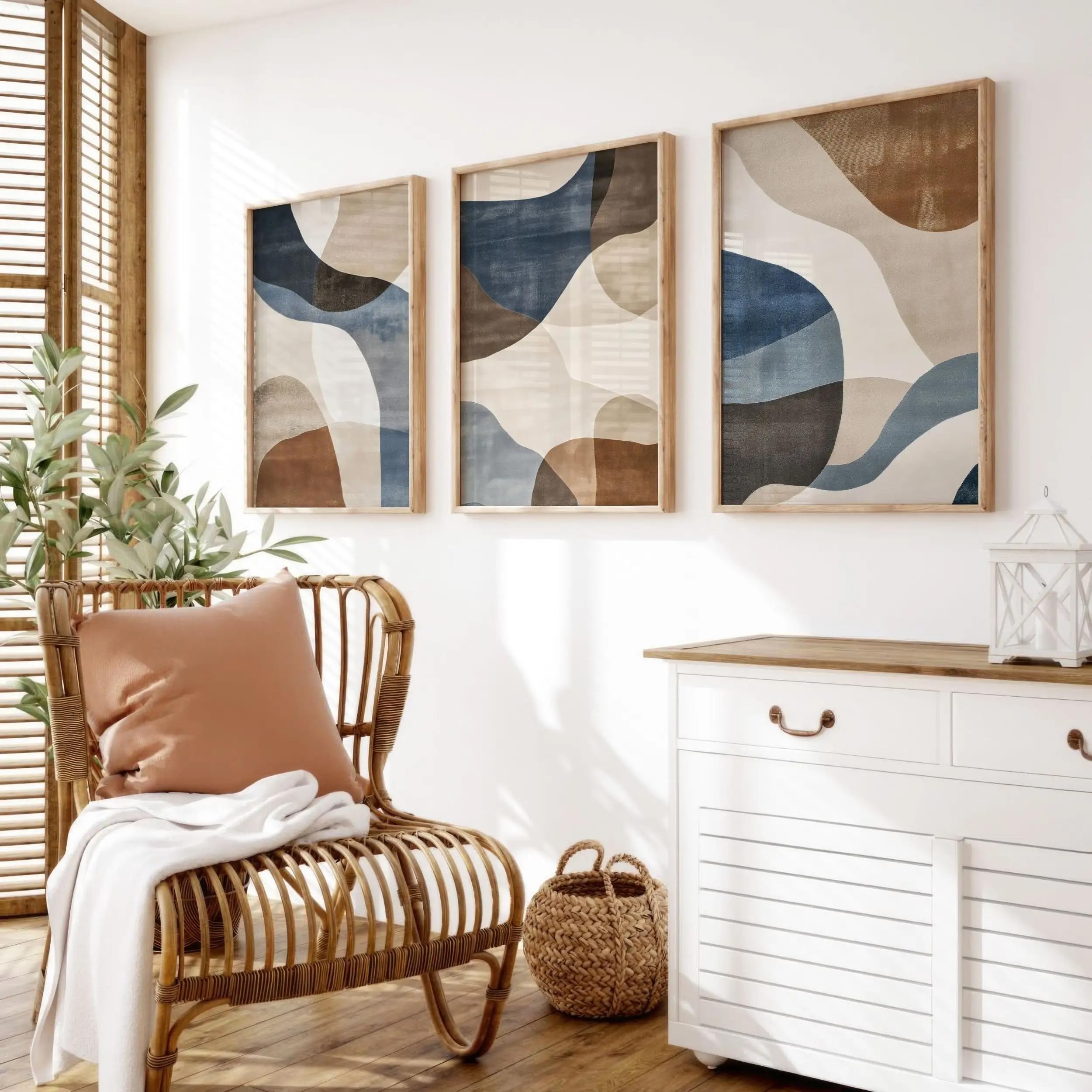 GOSRD Abstract Neutral Wall Art: Blue Beige Prints In Mid-Century Modern Style(30x50cm-3Pcs)