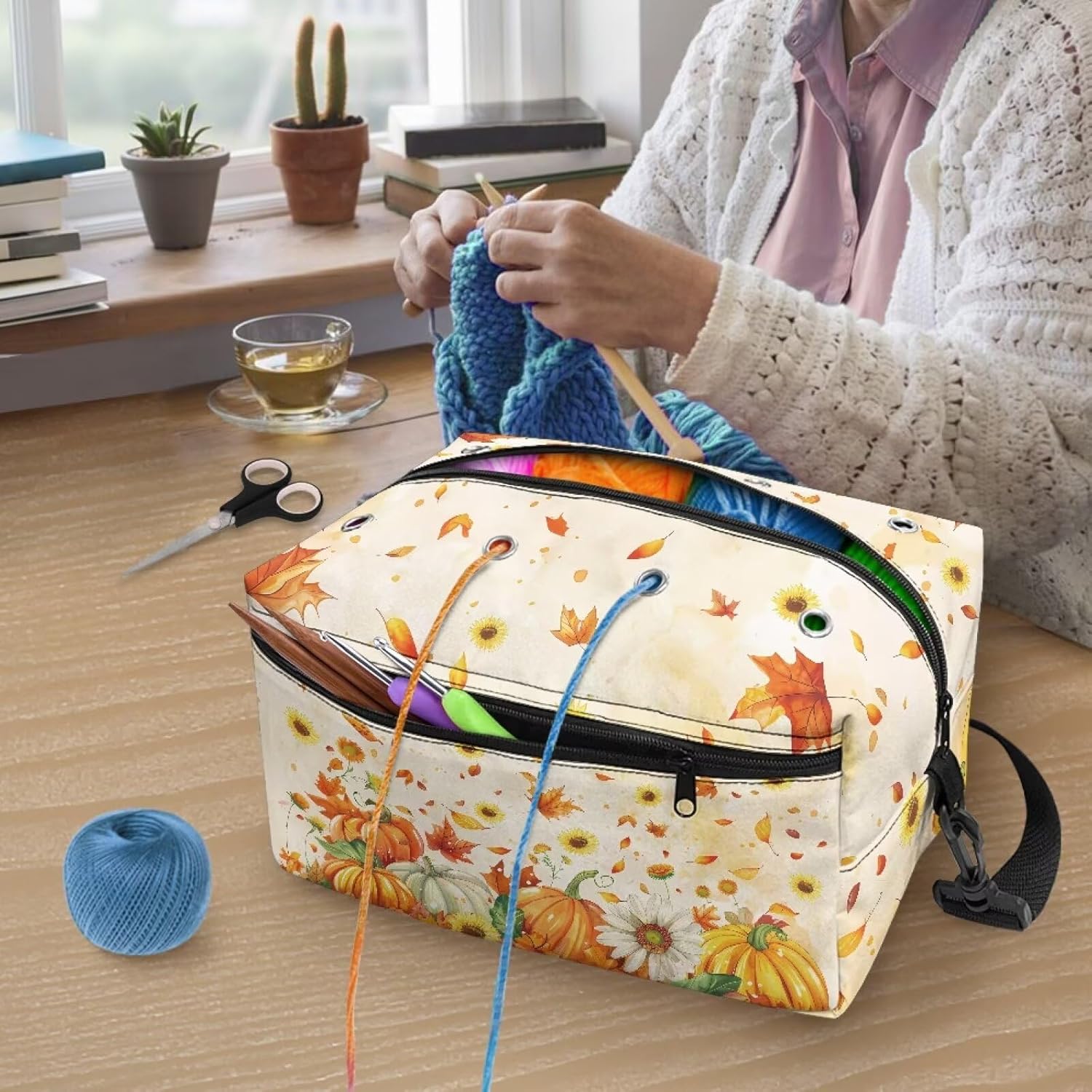 Pumpkins Maple Leaves Crochet Hook Case Thanksgiving Knitting Needle Organizer Comfortable Washable Crochet Storage Organizer for Knitting Supplies