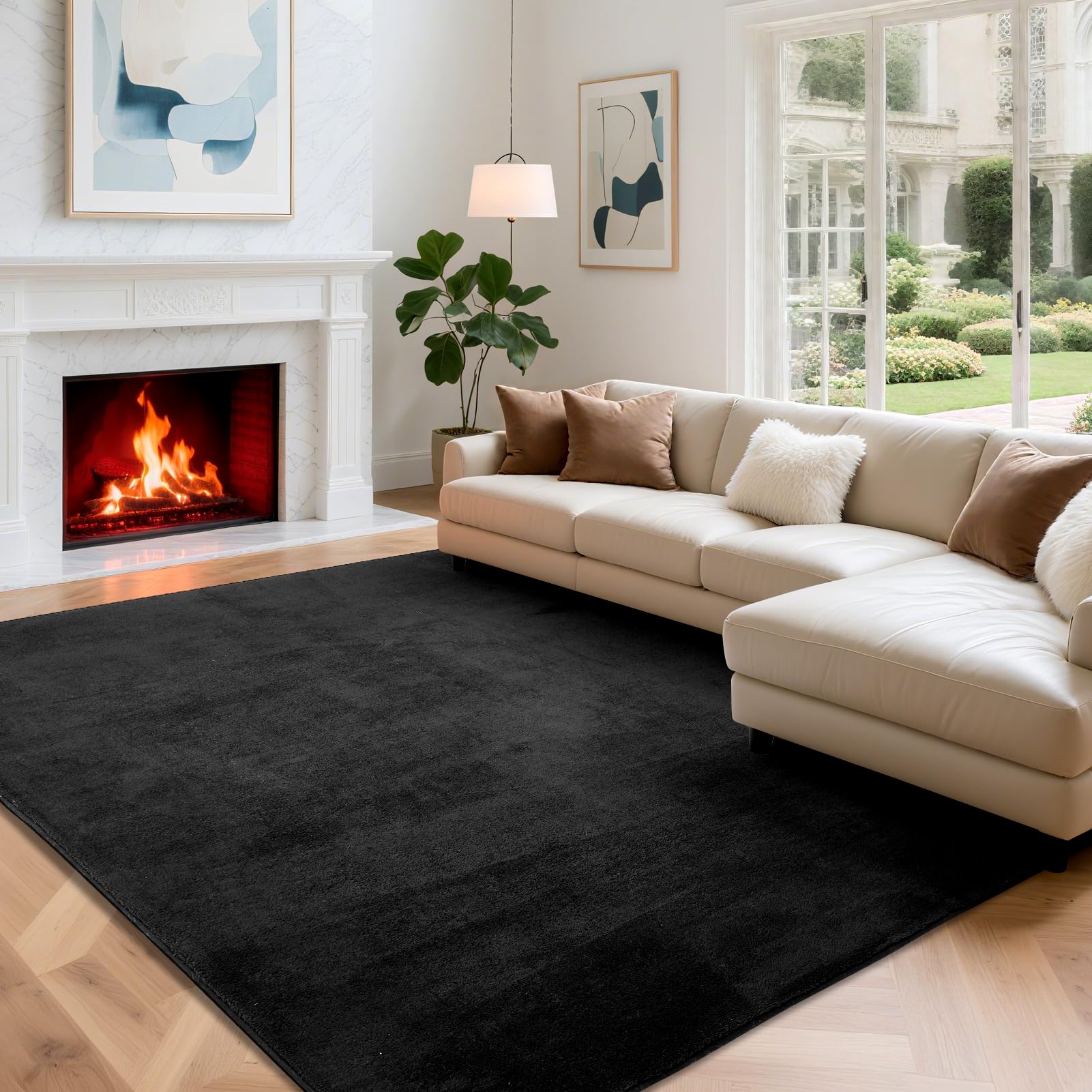 Wohnzimmerteppich, Kurzflor Teppiche Wohnzimmer Deko Flauschiger Weich Waschbarer & Anti-Rutsch Modern Einfarbiges Teppich für Schlafzimmer, Kinderzimmer, Bettvorleger Matte, 160x220cm, Schwarz